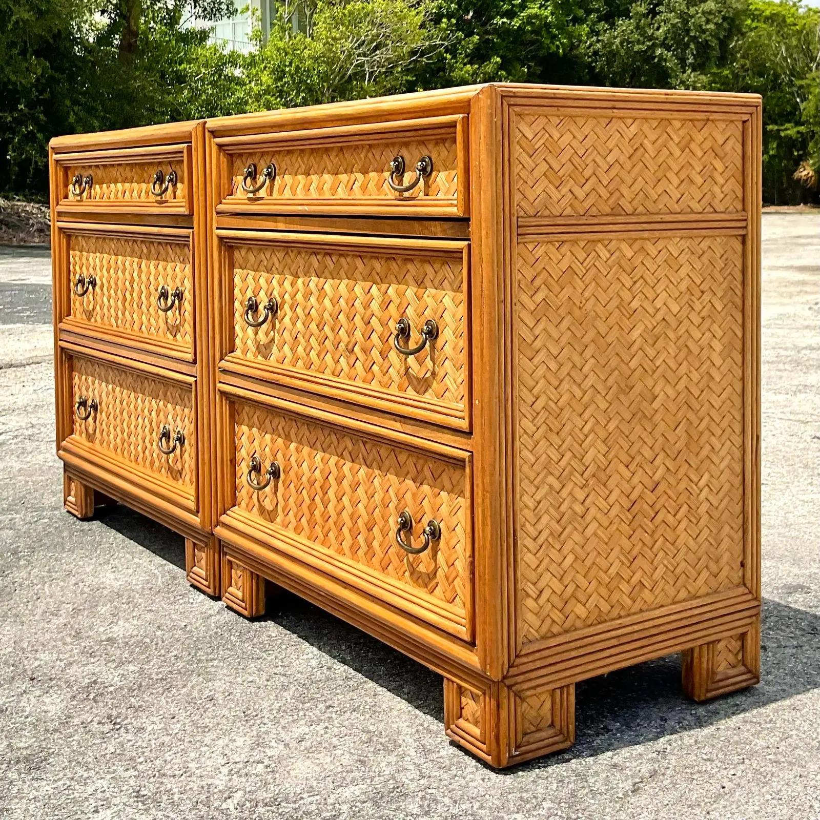 Vintage Coastal Woven Rattan Chest of Drawers, a Pair In Good Condition In west palm beach, FL