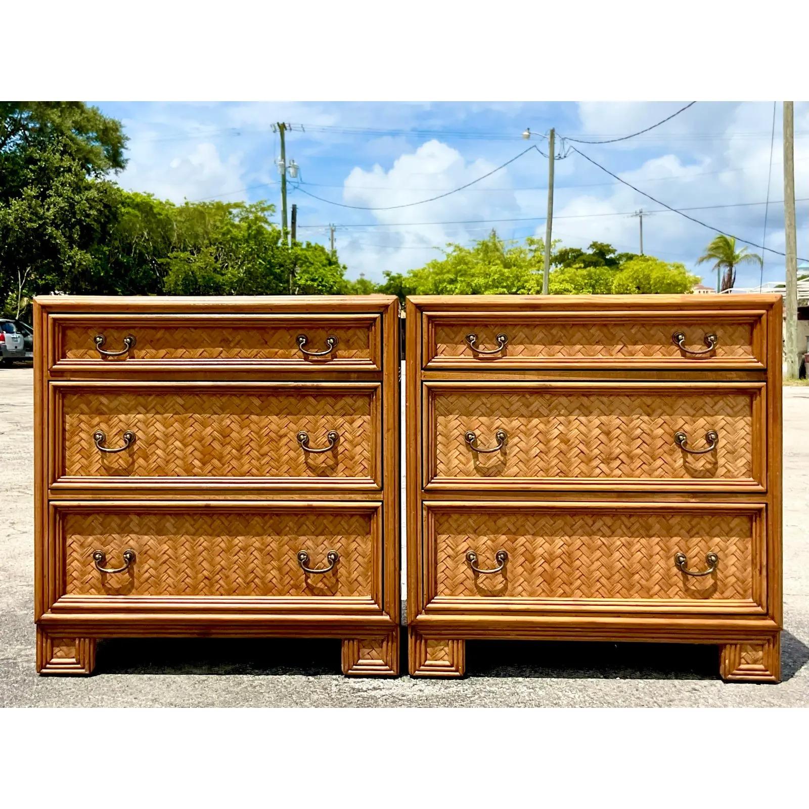 20th Century Vintage Coastal Woven Rattan Chest of Drawers, a Pair