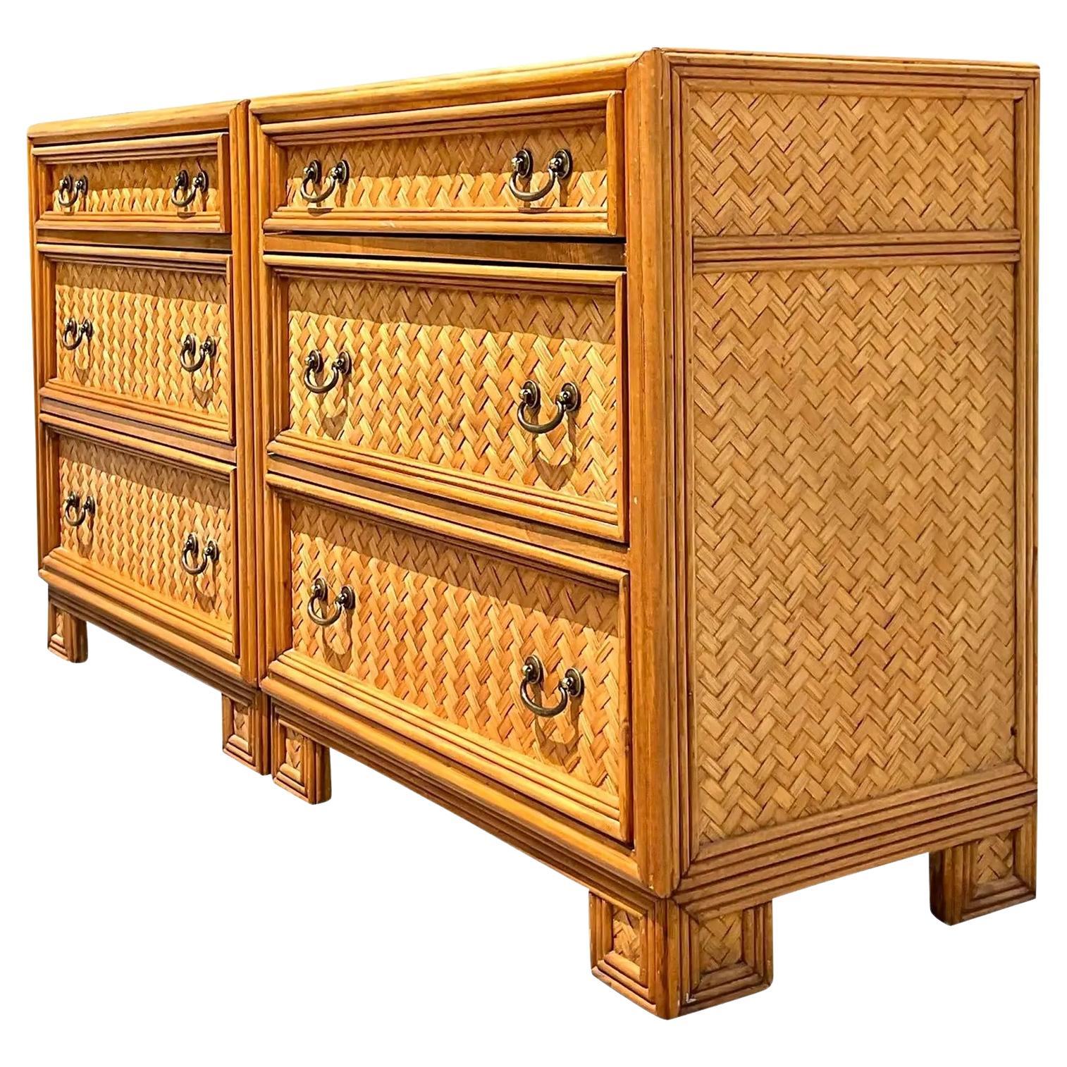 Vintage Coastal Woven Rattan Chest of Drawers, a Pair