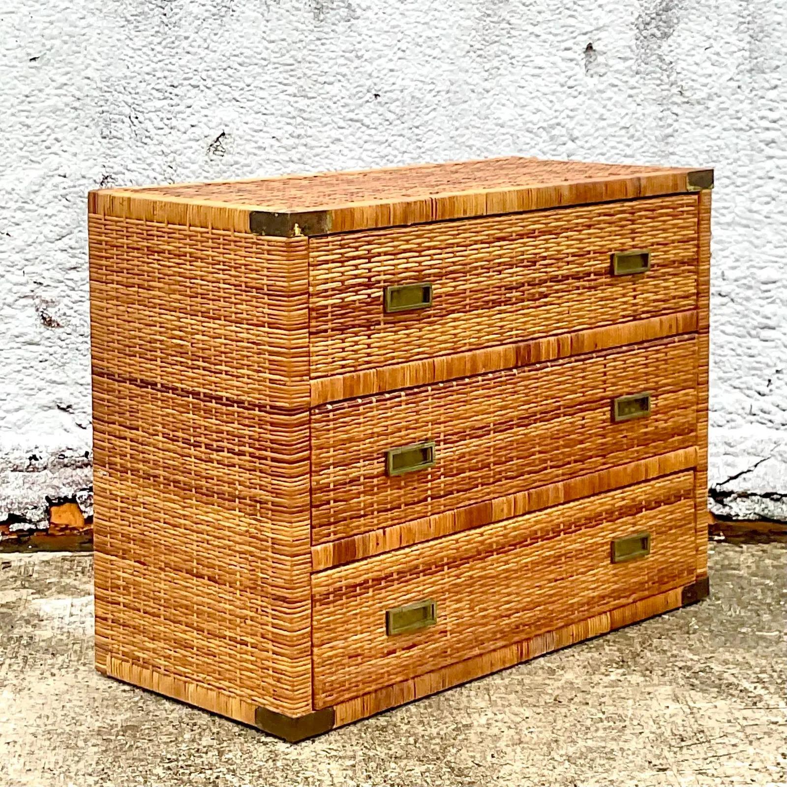 Campaign Vintage Coastal Woven Rattan Chest of Drawers