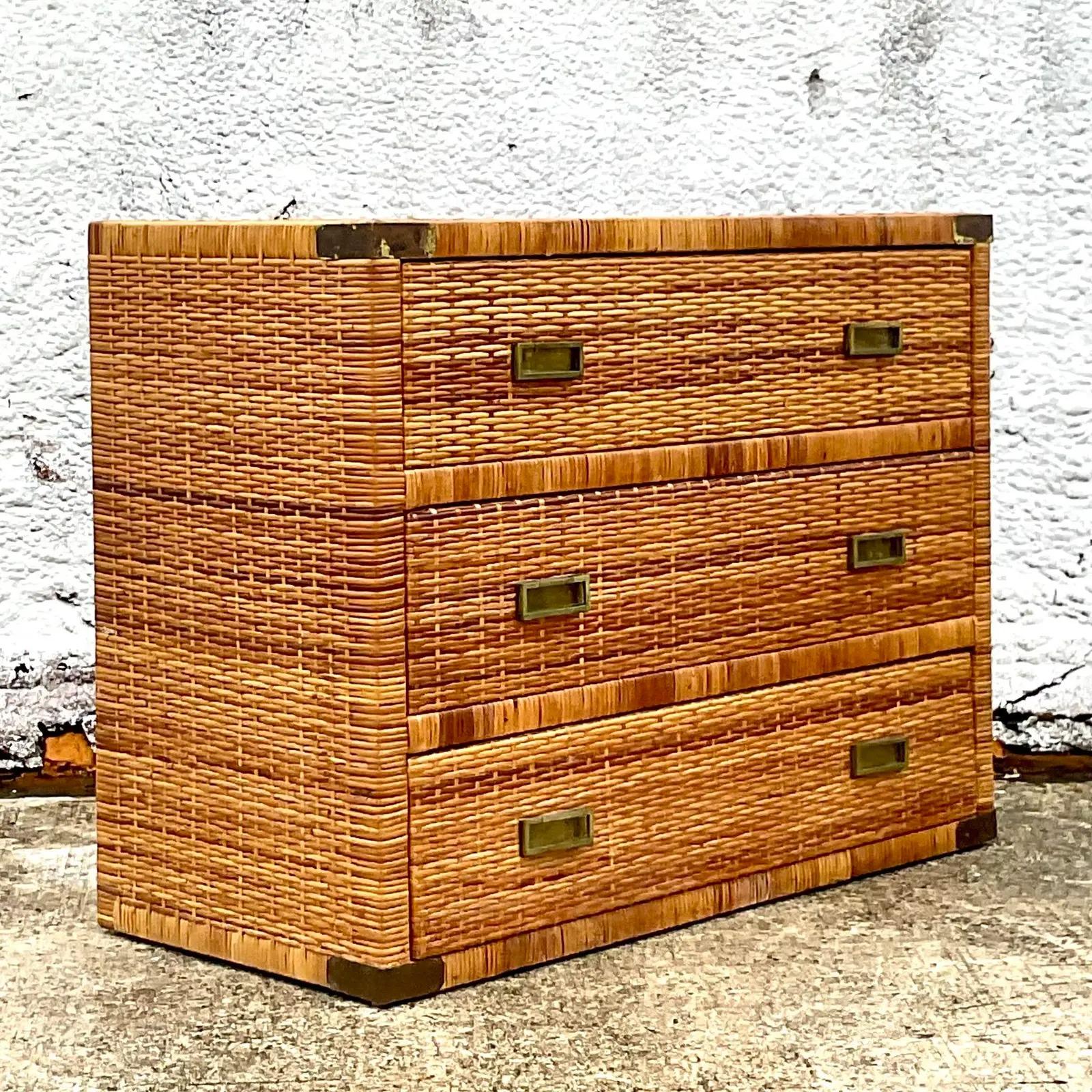 Vintage Coastal Woven Rattan Chest of Drawers In Good Condition In west palm beach, FL