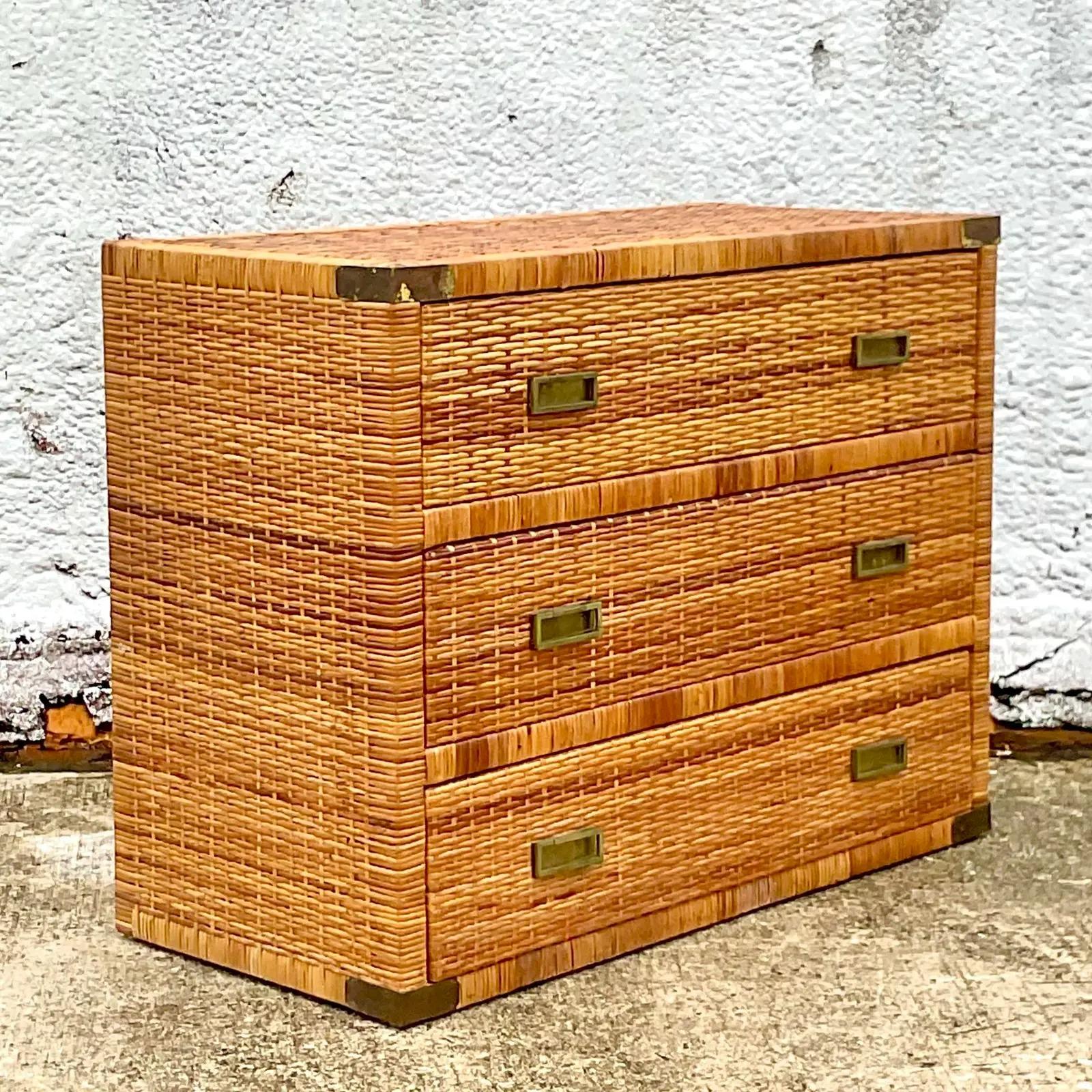Brass Vintage Coastal Woven Rattan Chest of Drawers