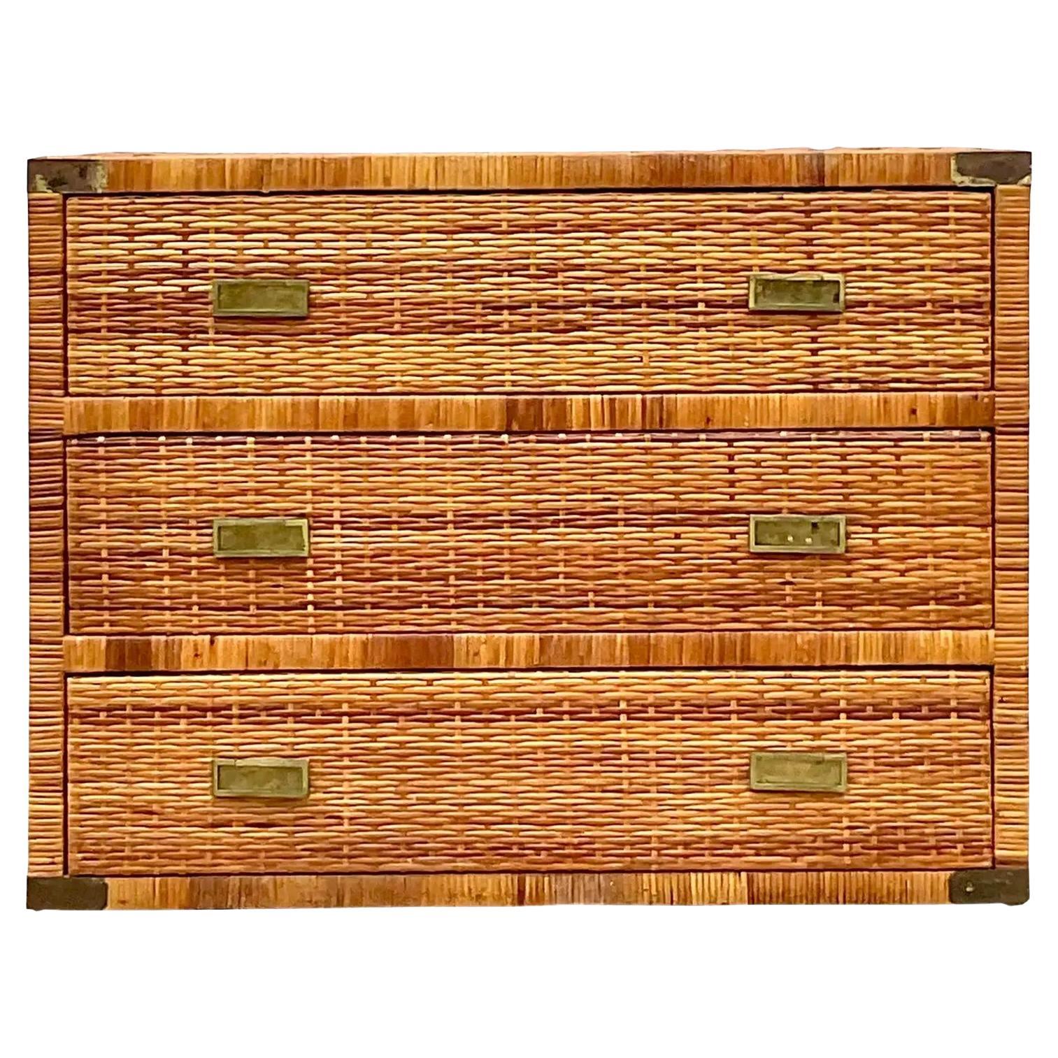 Vintage Coastal Woven Rattan Chest of Drawers