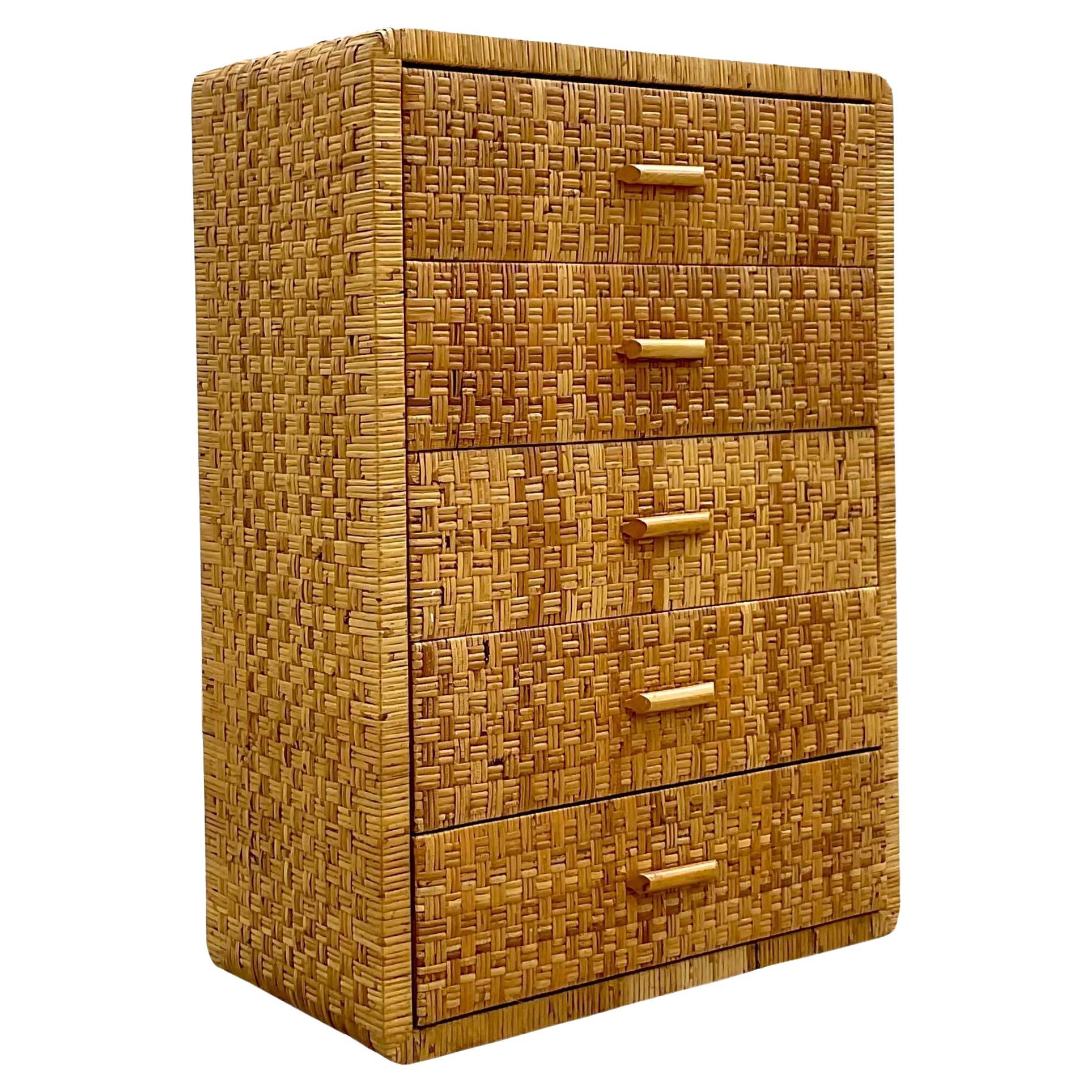 Vintage Coastal Wrapped Rattan Chest of Drawers at 1stDibs