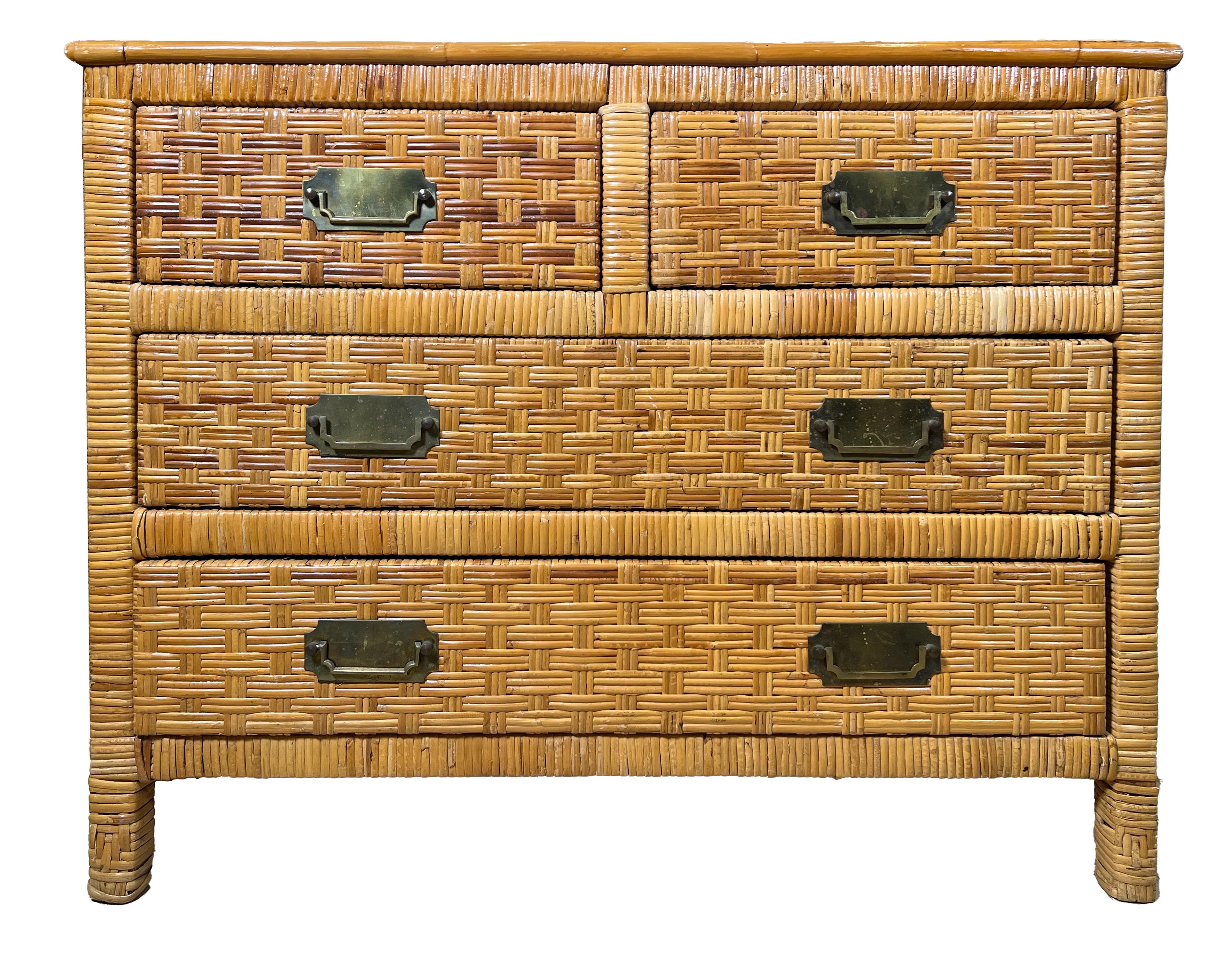 Vintage Coastal Woven Rattan Chest of Drawers with Brass Handles For Sale 1