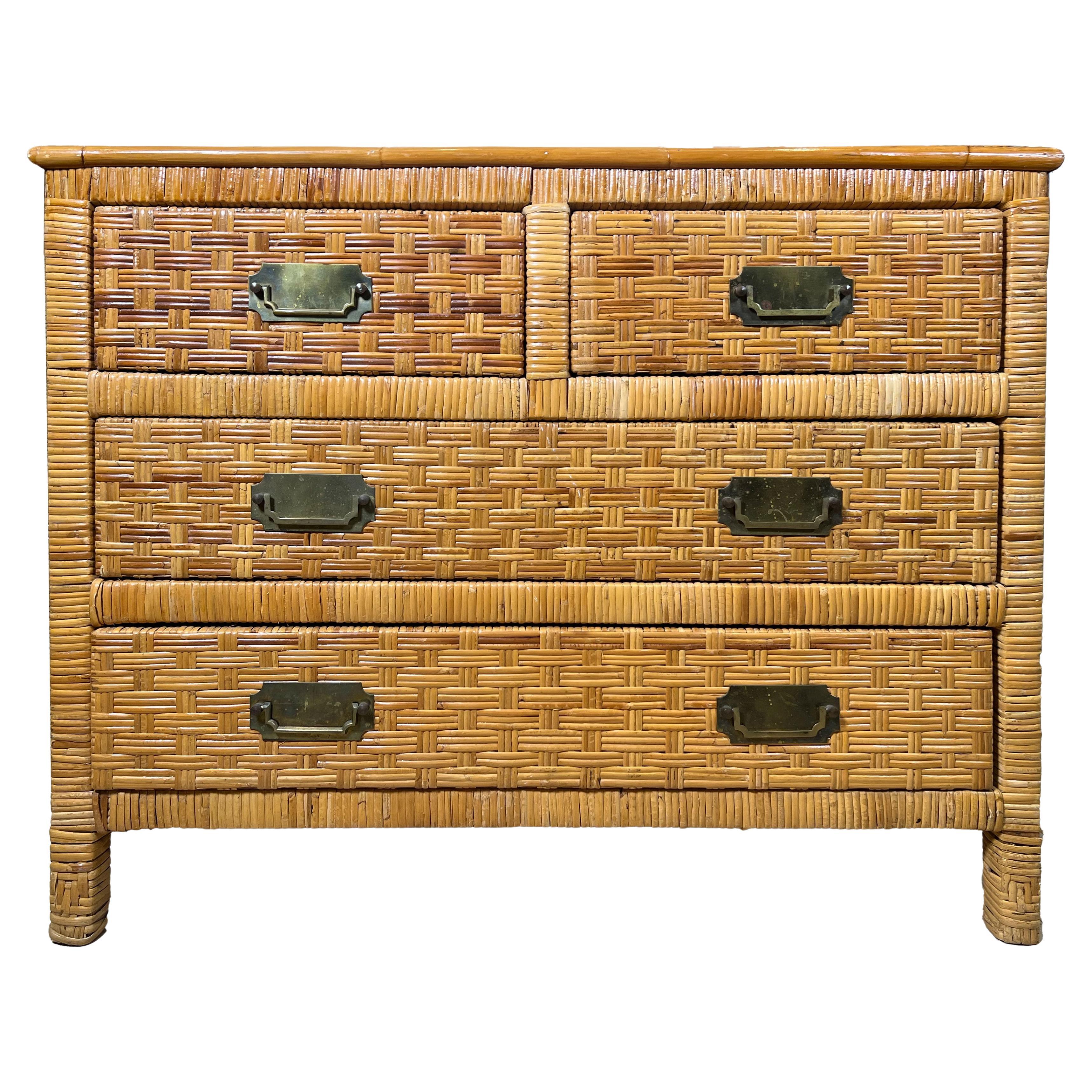 Vintage Coastal Woven Rattan Chest of Drawers with Brass Handles For Sale