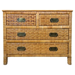 Antique Coastal Woven Rattan Chest of Drawers with Brass Handles