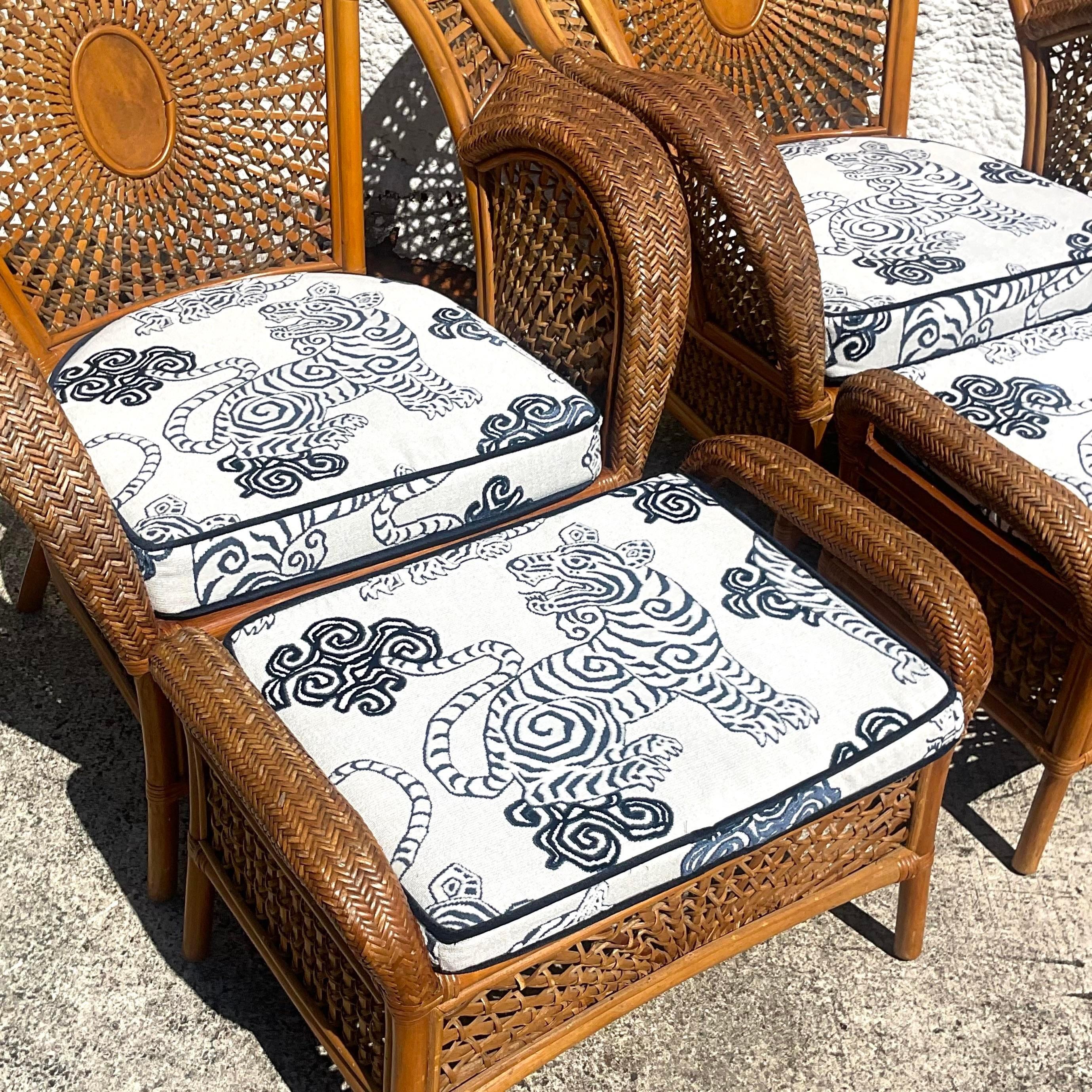 A fabulous pair of vintage Coastal lounge chair and ottoman set. The coveted shape with gorgeous De Leo “Akbar Tuxedo Black Tiger” upholstered cushions. Acquired from a Palm Beach estate.

Ottoman 28x17.5x19