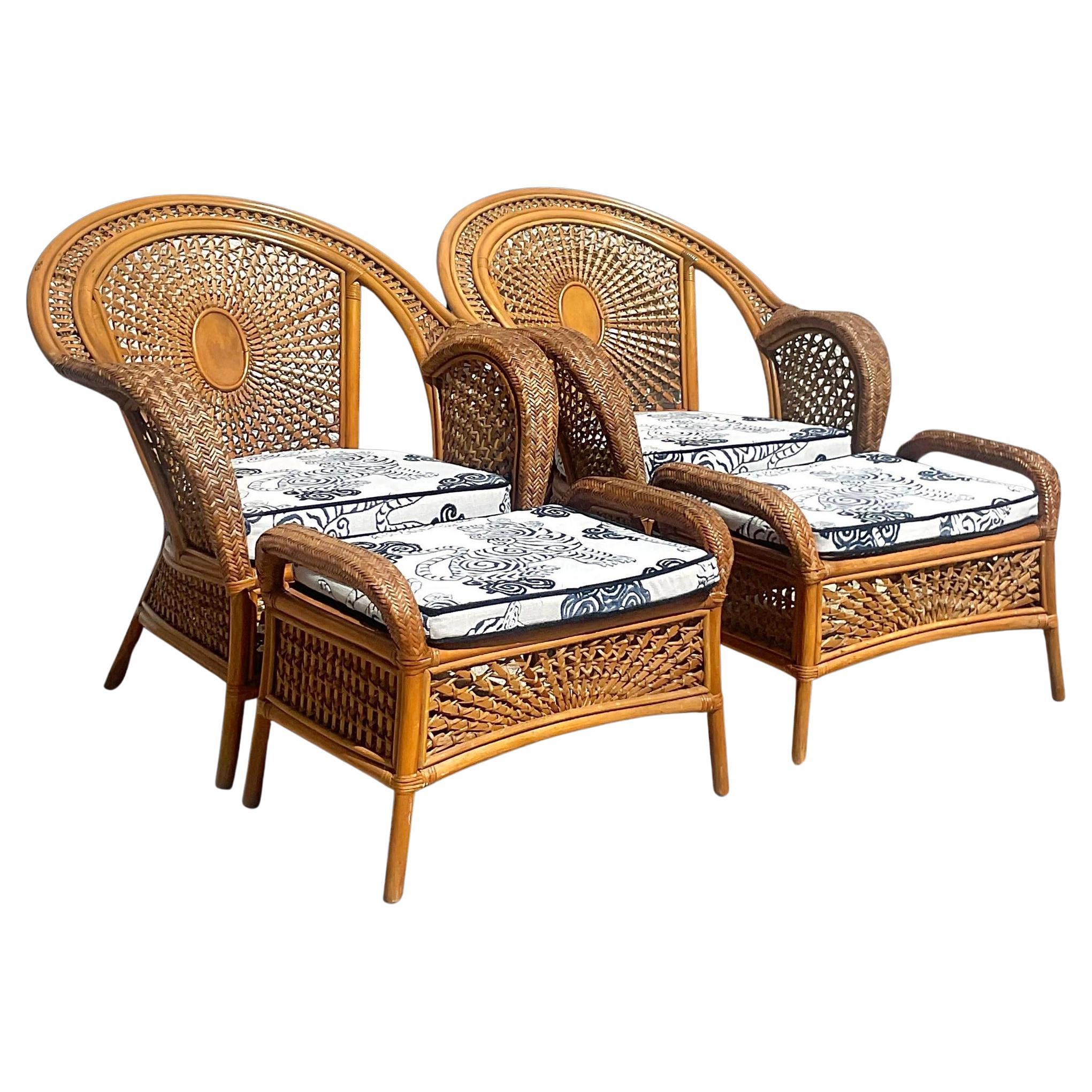 Vintage Coastal Woven Rattan Cobra Chair and Ottoman Set- 4 Pieces