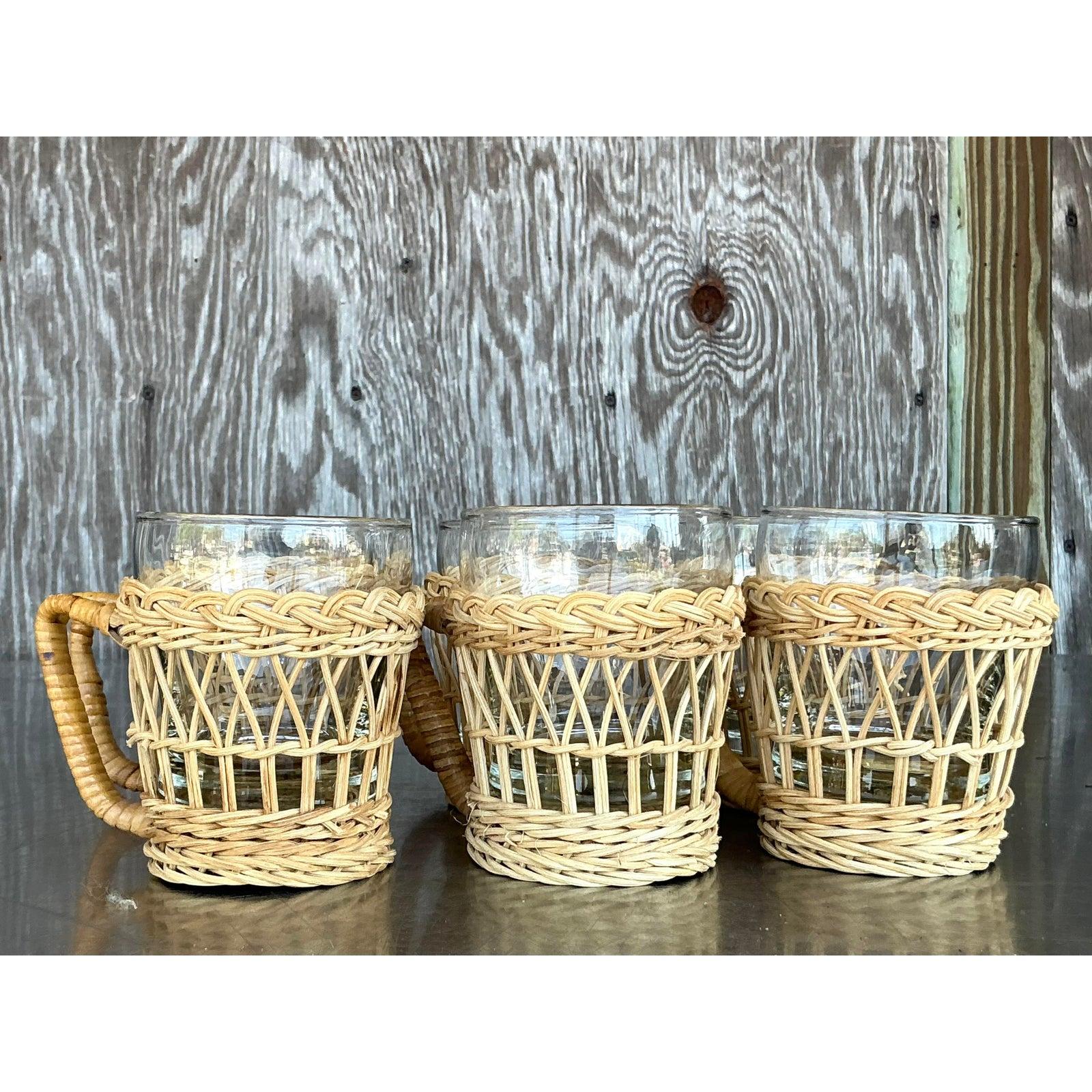 Mid-Century Modern Tasses à café vintage en rotin tressé côte à côte - lot de 6 en vente