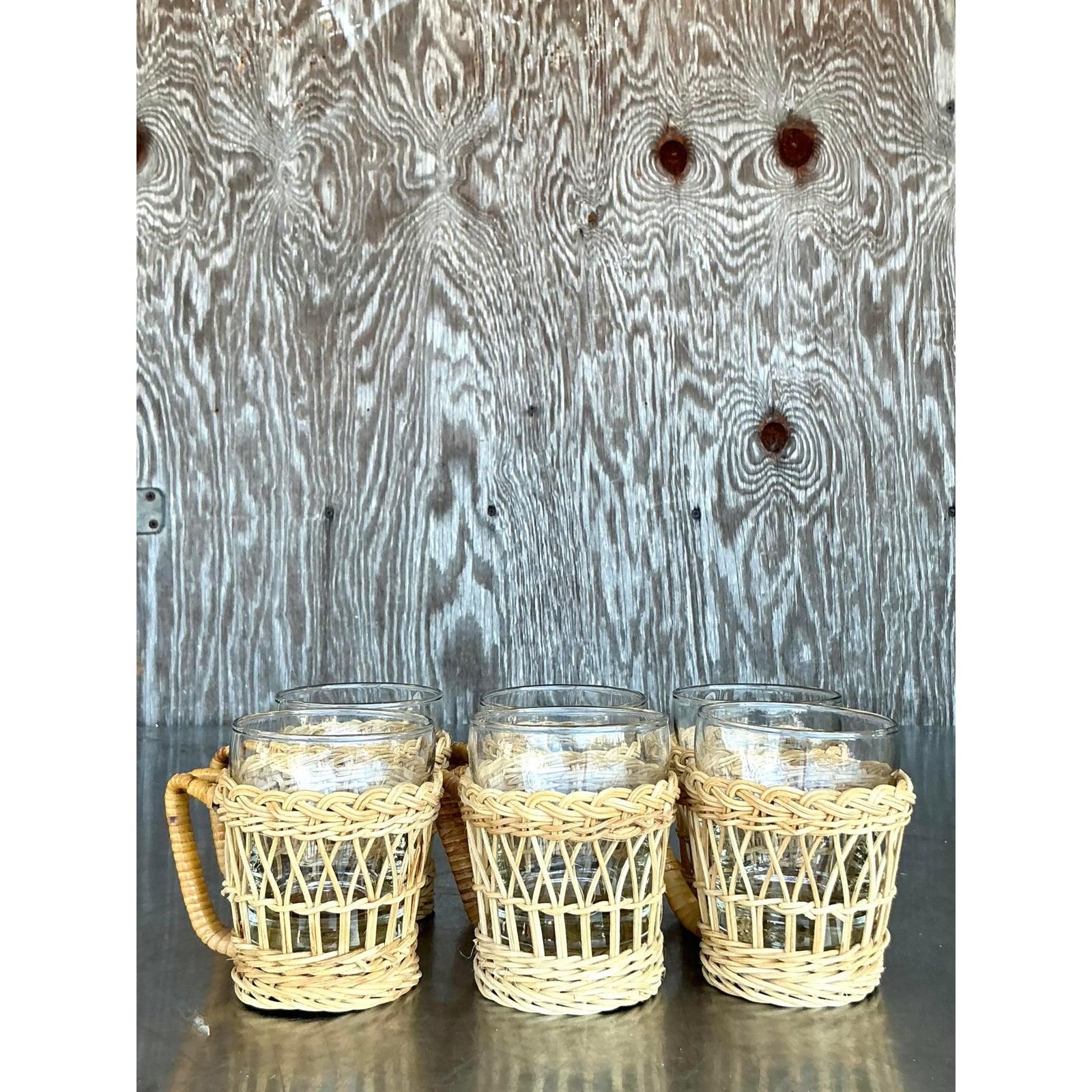 Américain Tasses à café vintage en rotin tressé côte à côte - lot de 6 en vente