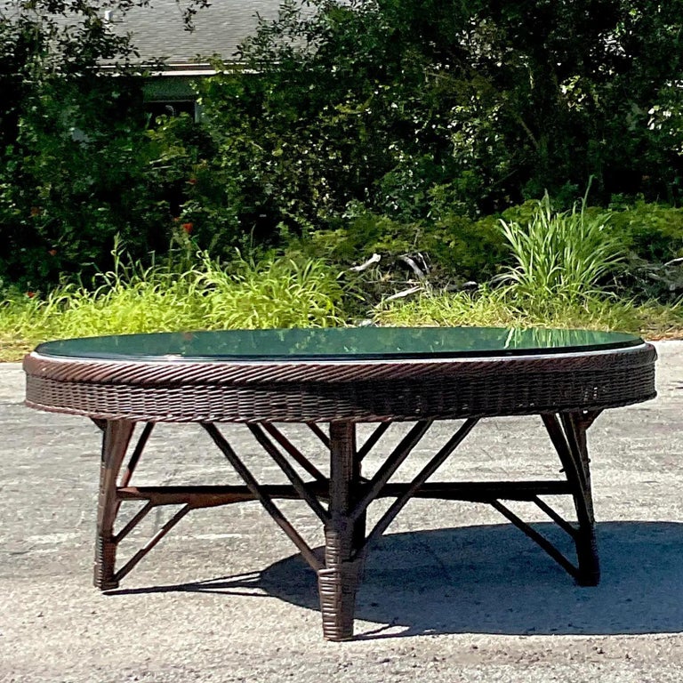 Vintage Coastal Woven Rattan Coffee Table For Sale at 1stDibs