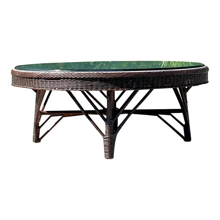 Vintage Coastal Woven Rattan Coffee Table For Sale at 1stDibs