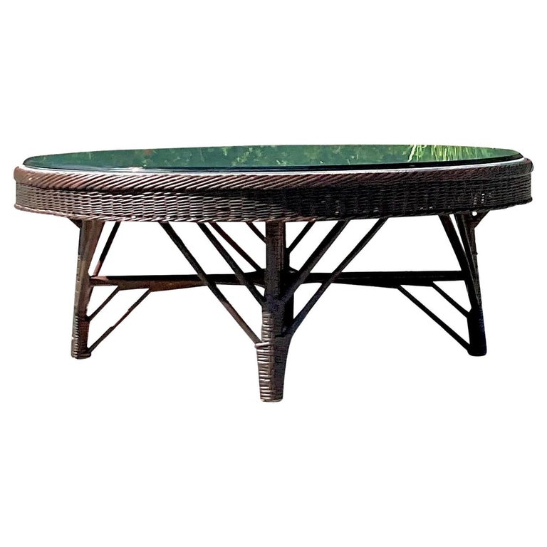Vintage Coastal Woven Rattan Coffee Table For Sale at 1stDibs
