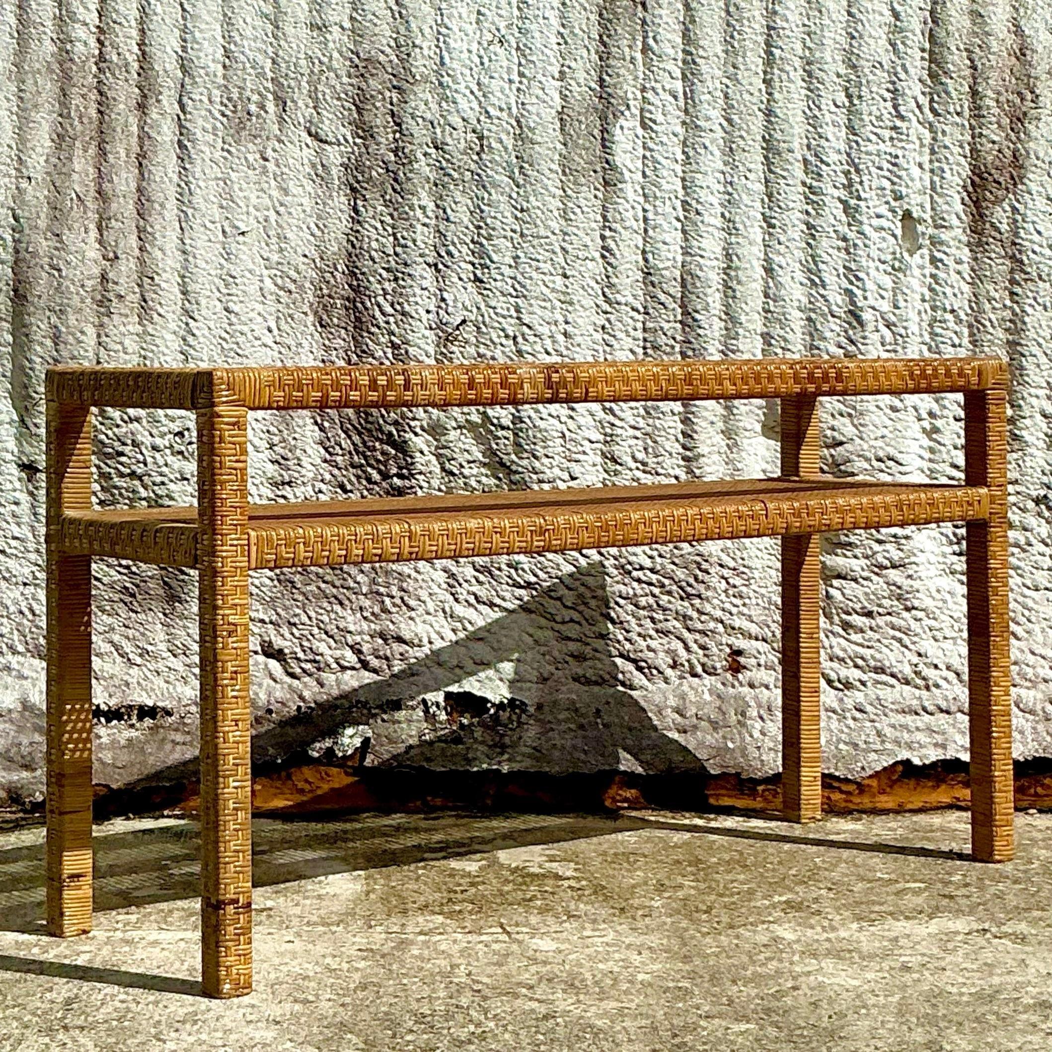 Philippine Vintage Coastal Woven Rattan Console Table For Sale