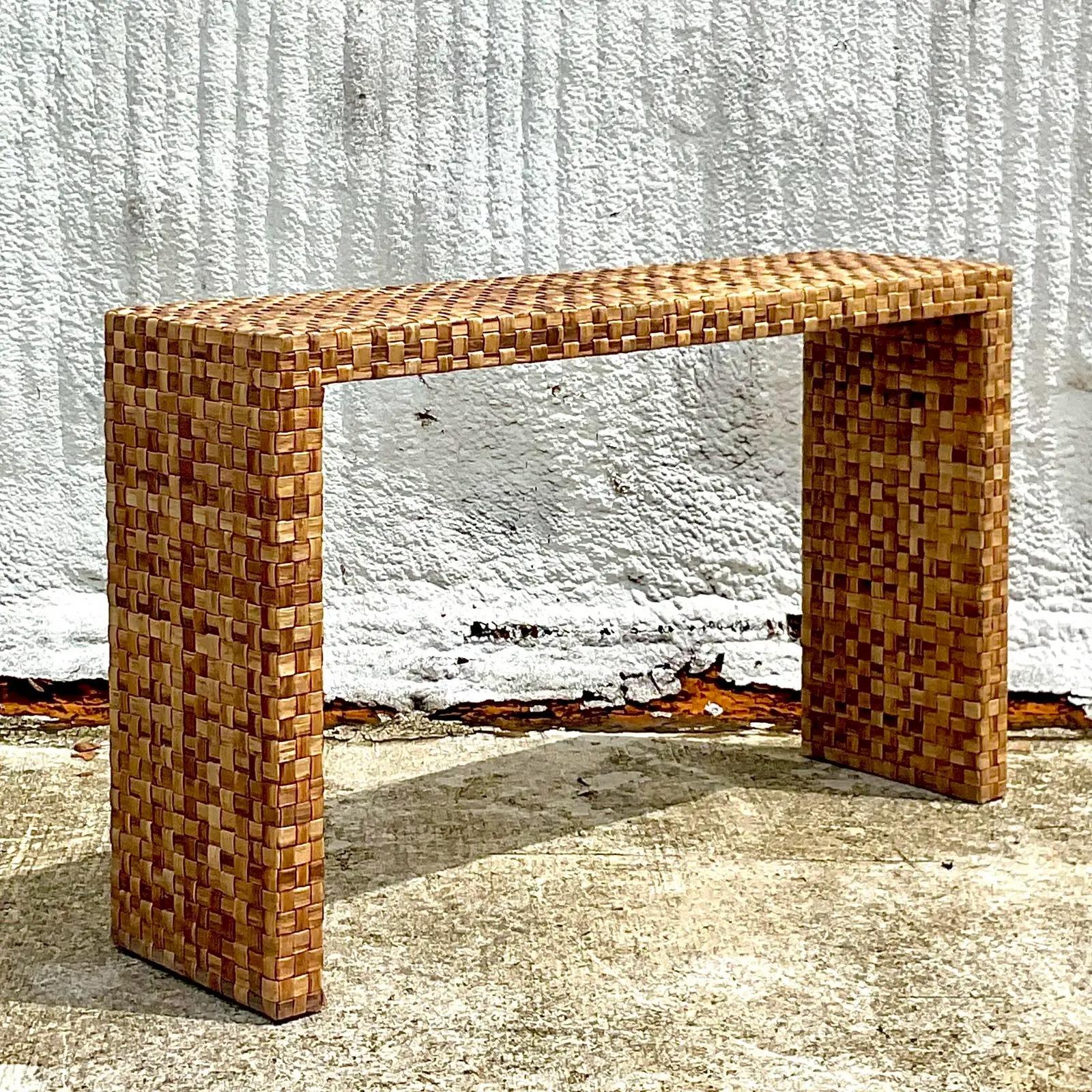 Vintage Coastal Woven Rattan Console Table In Good Condition In West Palm Beach, FL