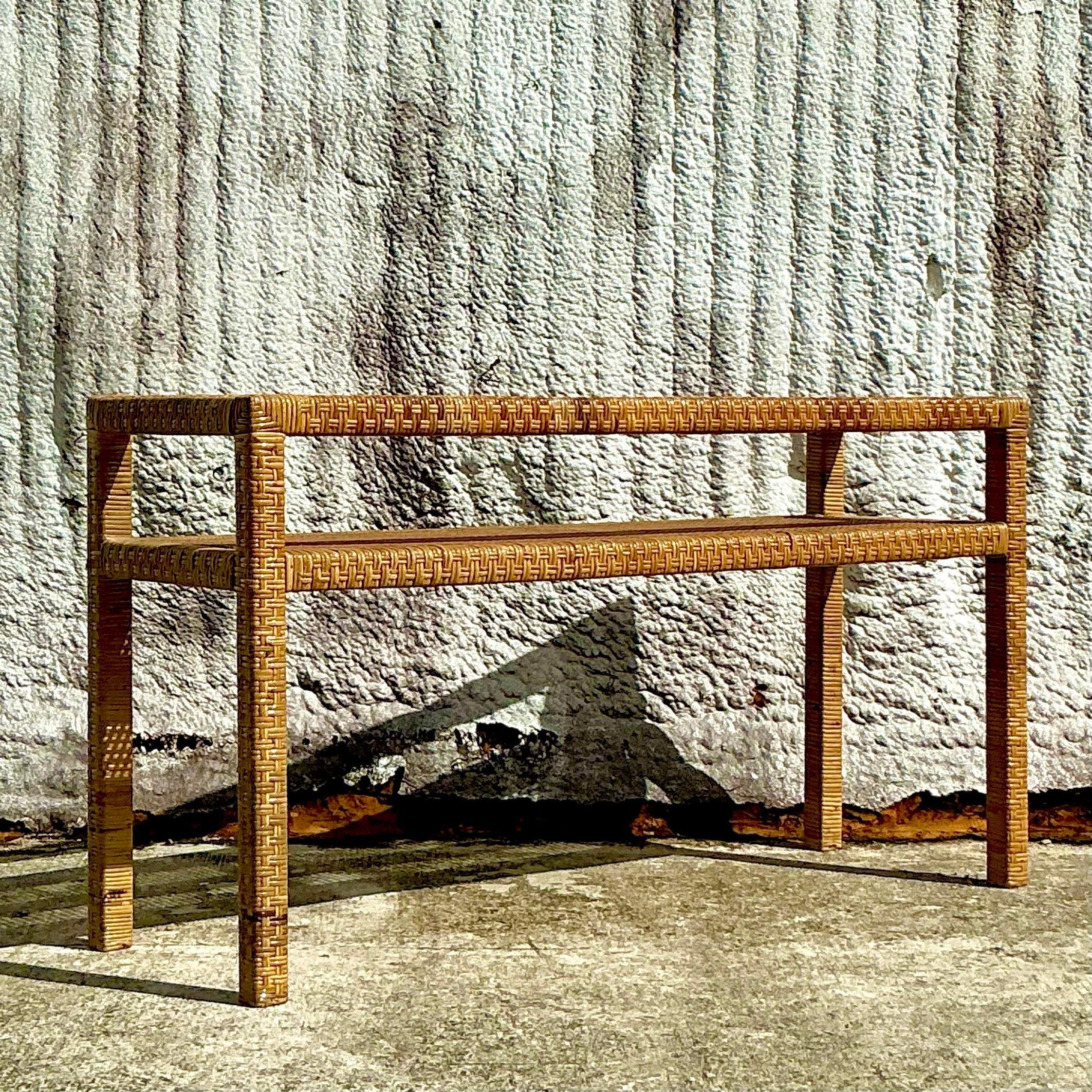 Vintage Coastal Woven Rattan Console Table In Good Condition For Sale In west palm beach, FL