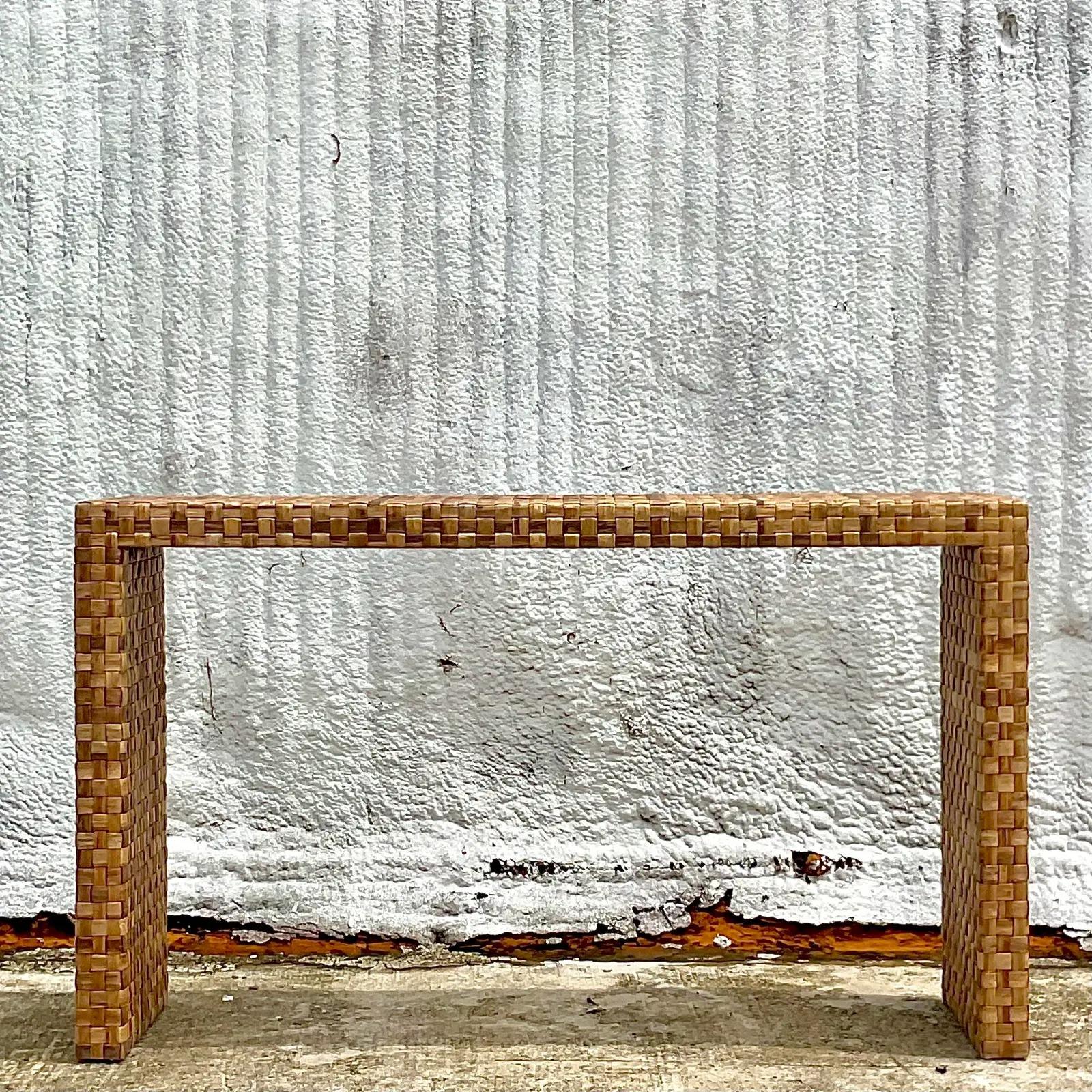 20th Century Vintage Coastal Woven Rattan Console Table