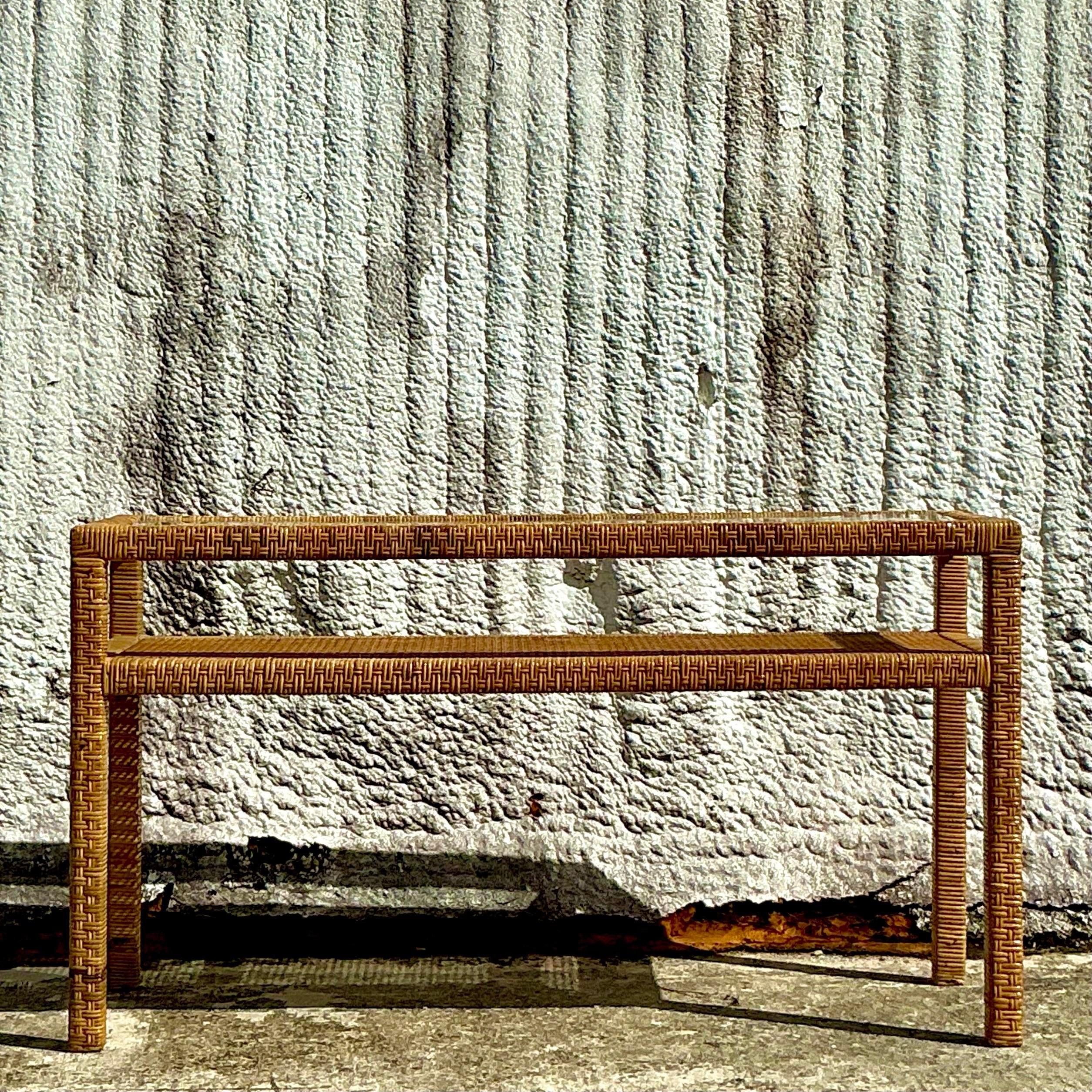 20th Century Vintage Coastal Woven Rattan Console Table For Sale