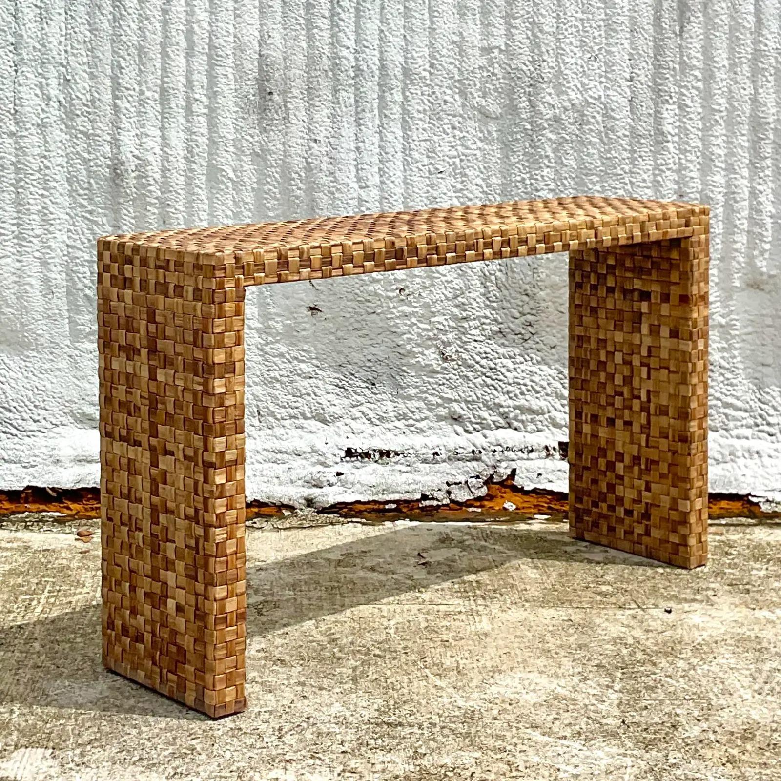 Vintage Coastal Woven Rattan Console Table 1