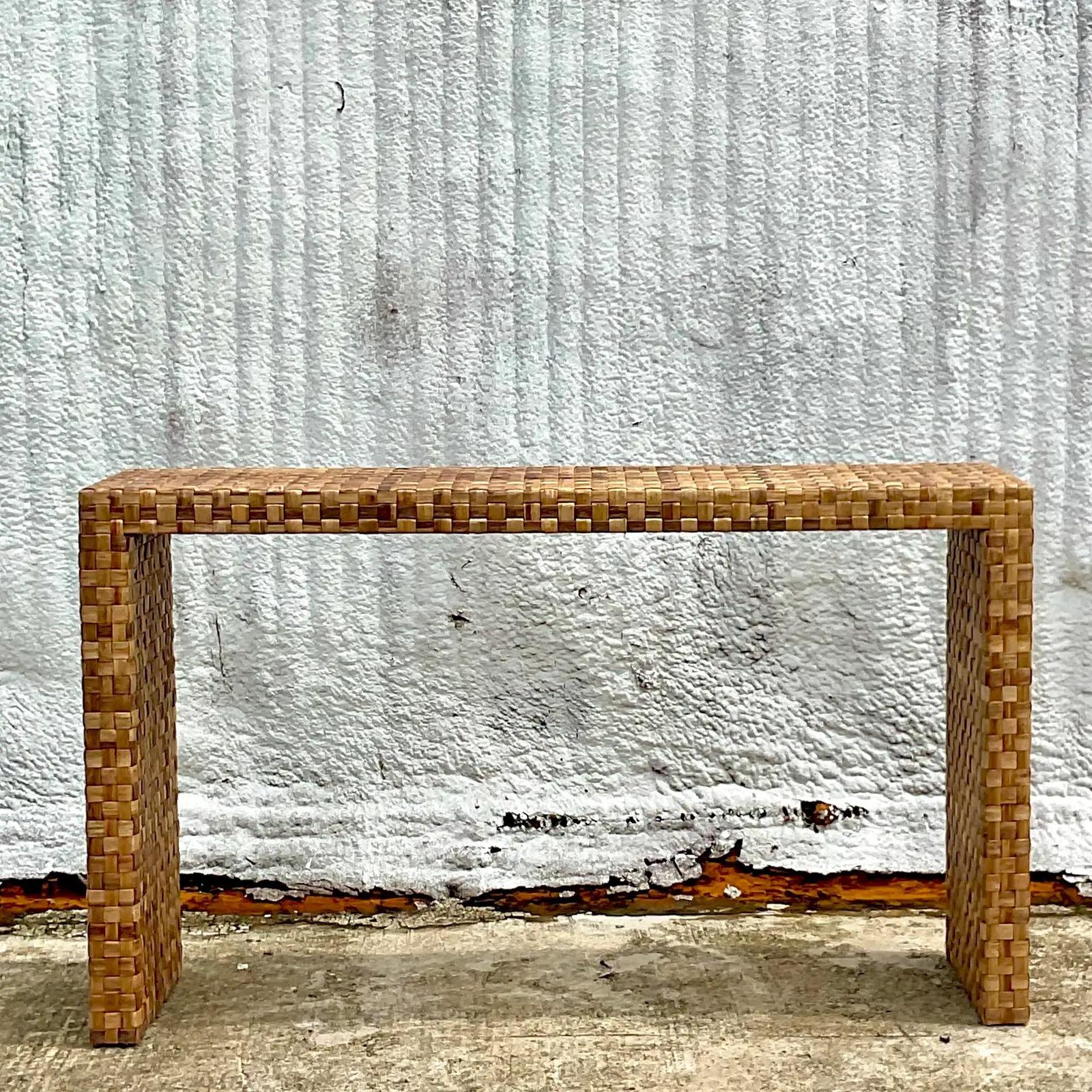 Vintage Coastal Woven Rattan Console Table 2