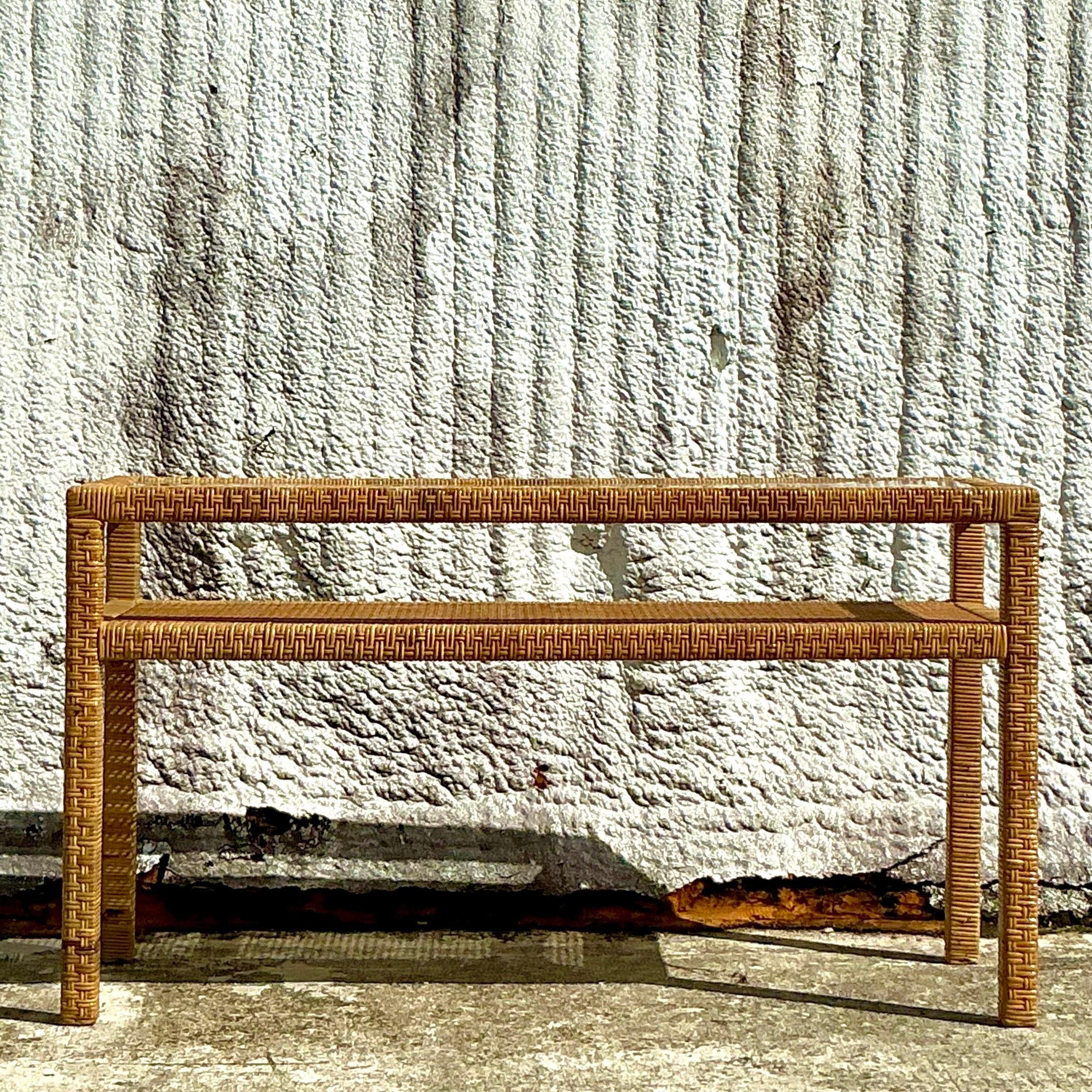 Vintage Coastal Woven Rattan Console Table For Sale 2