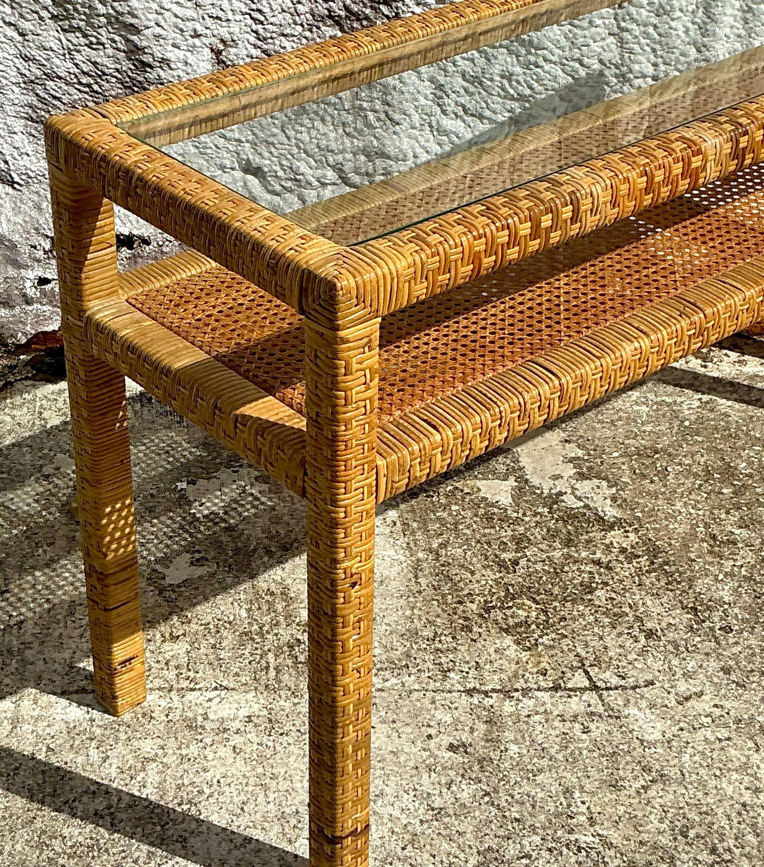 Vintage Coastal Woven Rattan Console Table For Sale 3
