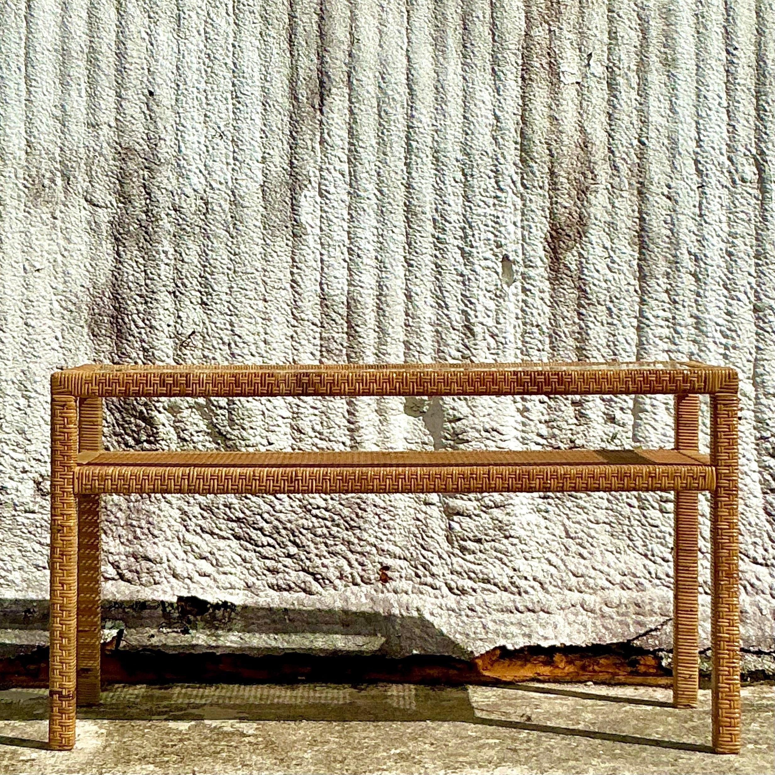 Vintage Coastal Woven Rattan Console Table For Sale 4