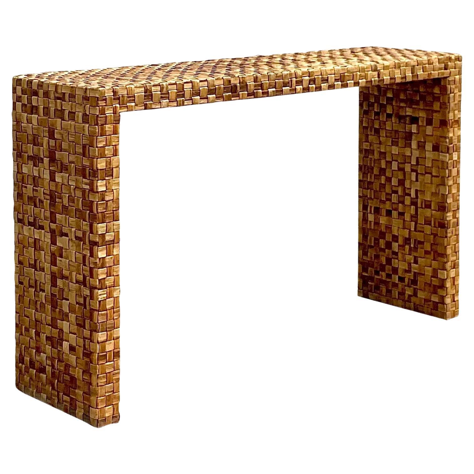 Vintage Coastal Woven Rattan Console Table