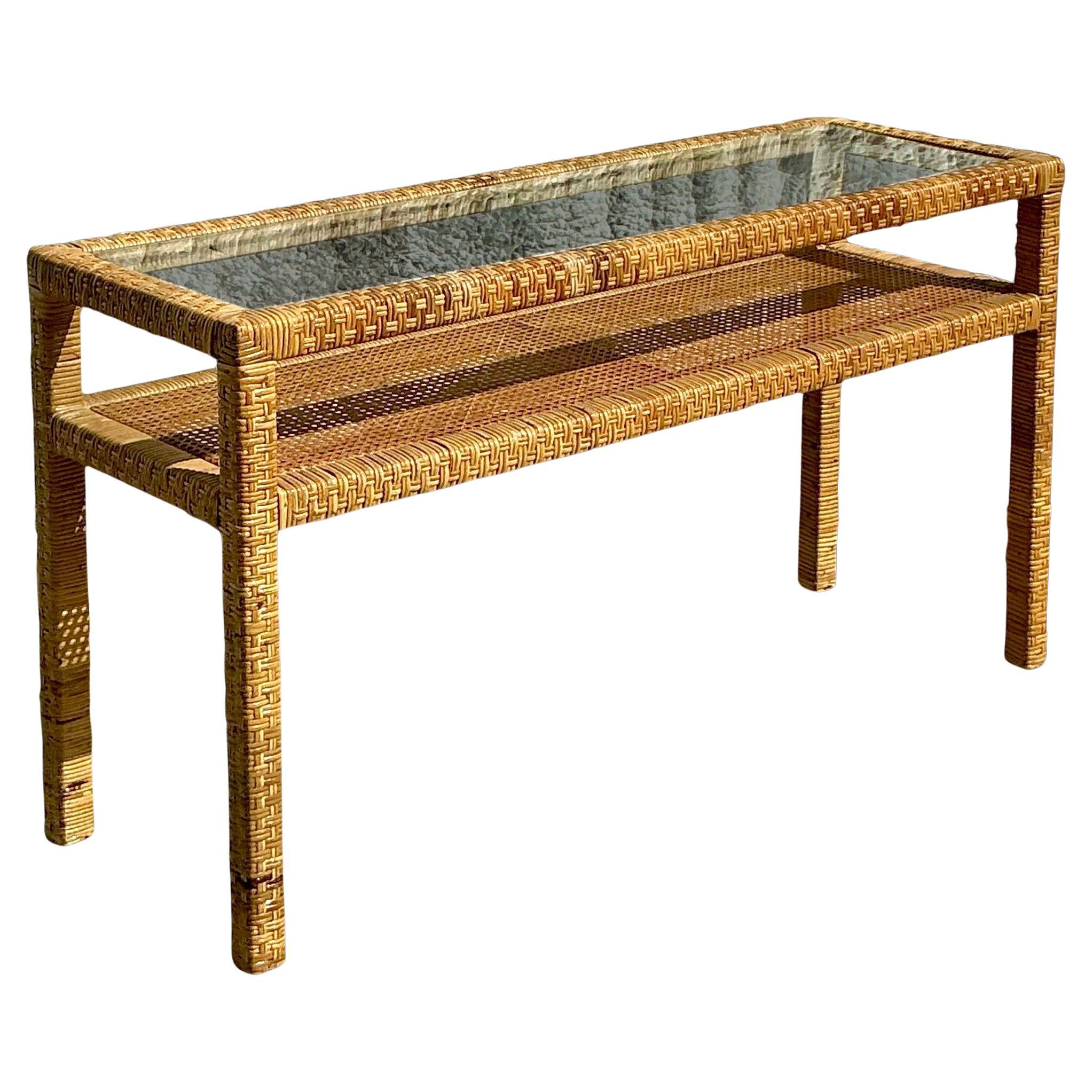 Vintage Coastal Woven Rattan Konsolentisch