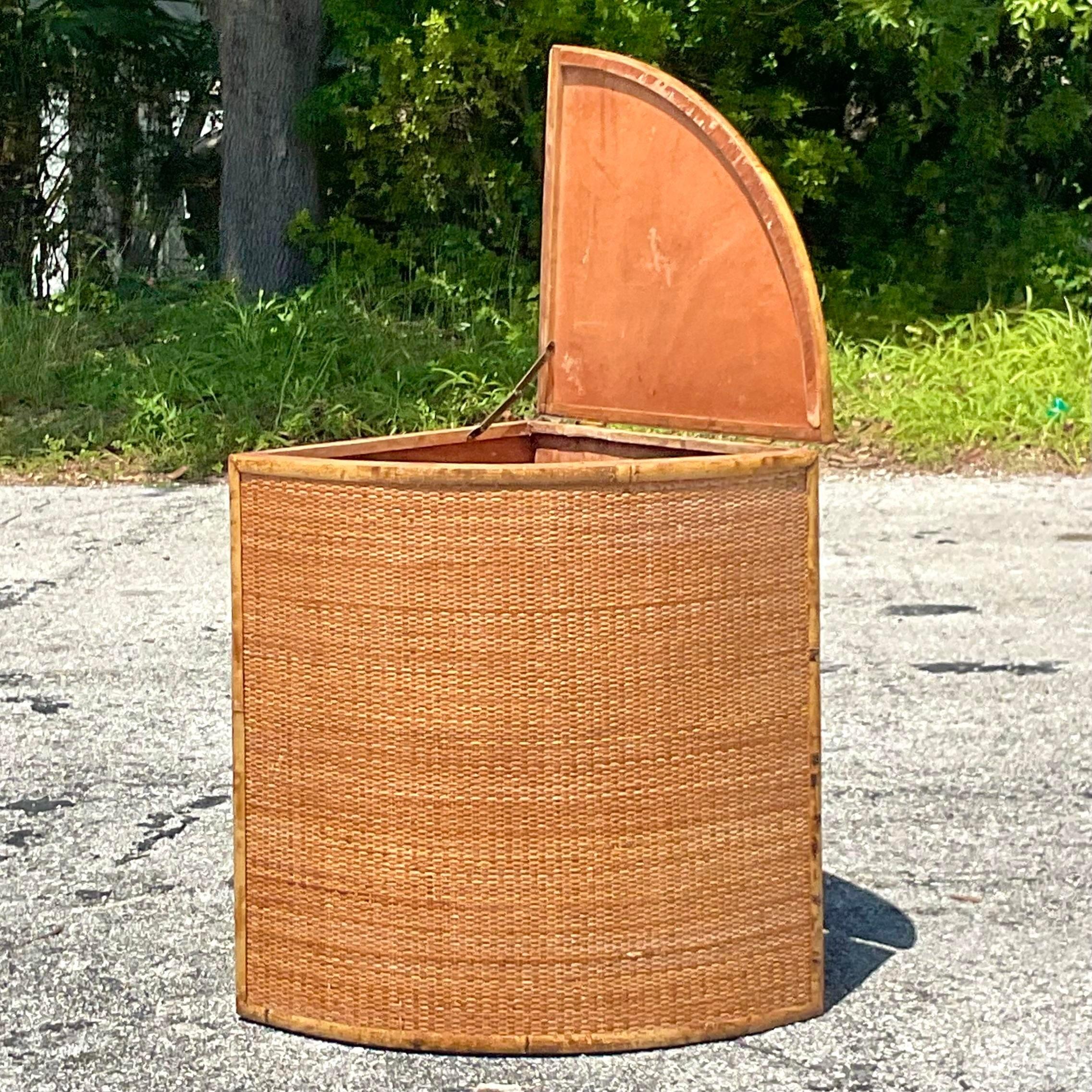 Vintage Coastal Woven Rattan Corner Cabinet In Good Condition For Sale In west palm beach, FL