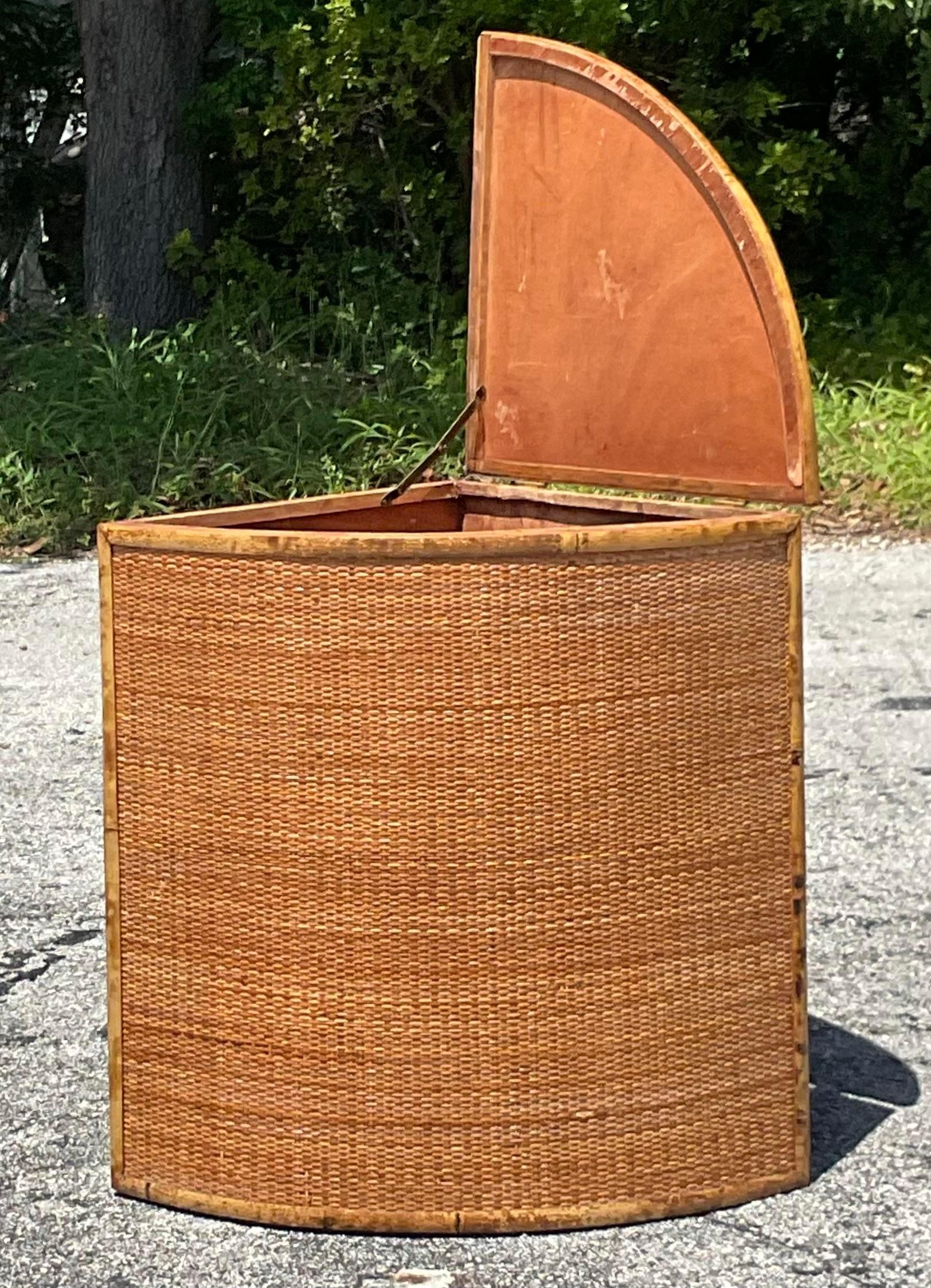 20th Century Vintage Coastal Woven Rattan Corner Cabinet For Sale