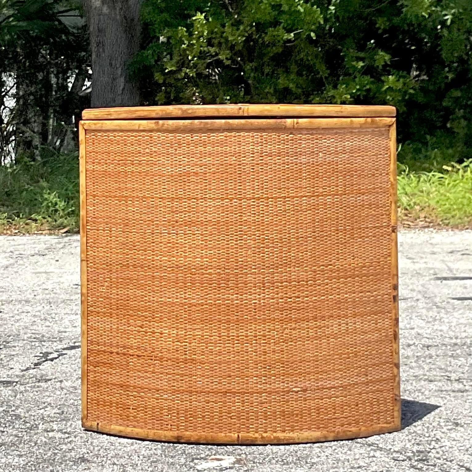 Vintage Coastal Woven Rattan Corner Cabinet In Good Condition For Sale In west palm beach, FL