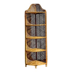 Vintage Coastal Woven Rattan Corner Etagere