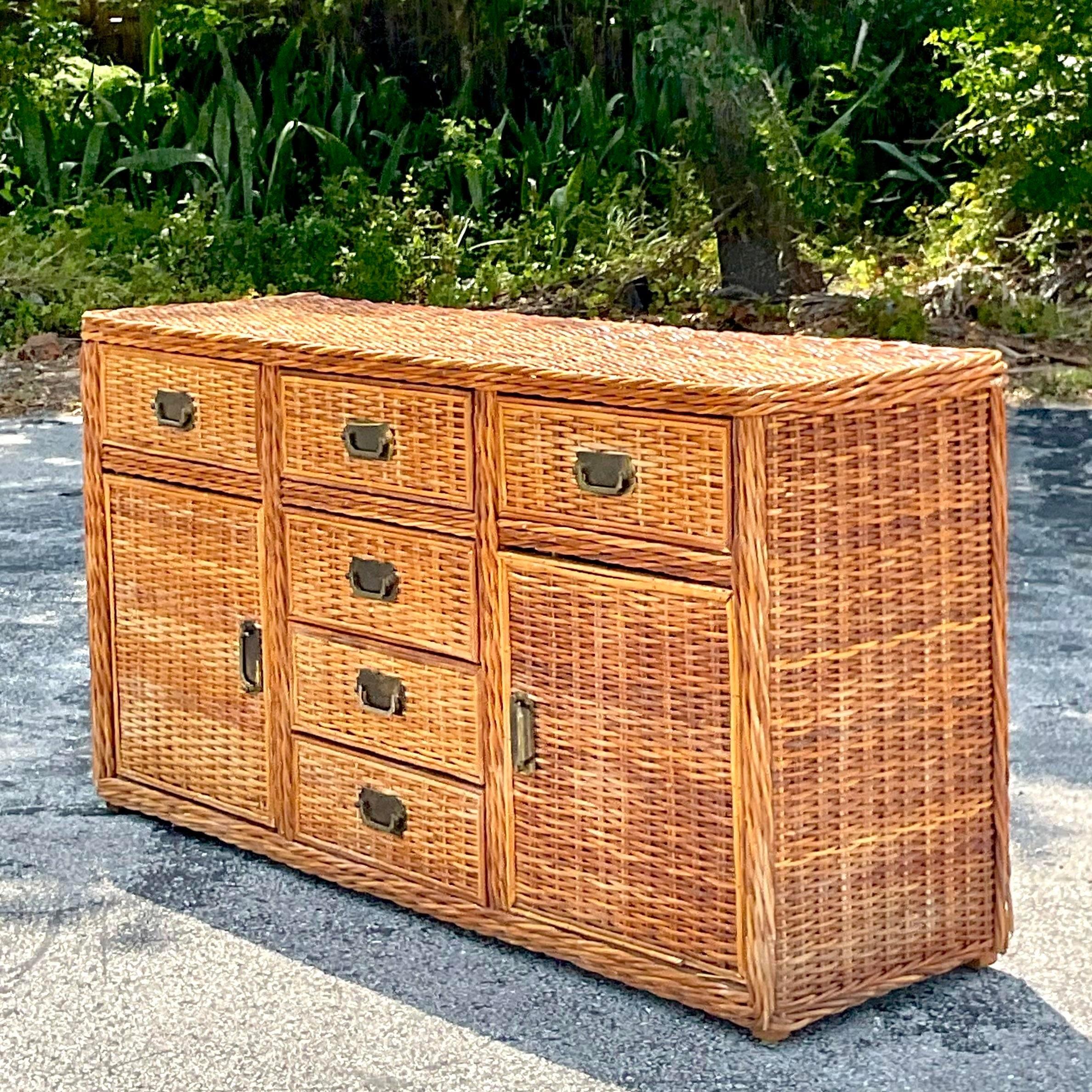 Vintage Coastal Woven Rattan Credenza In Good Condition For Sale In west palm beach, FL