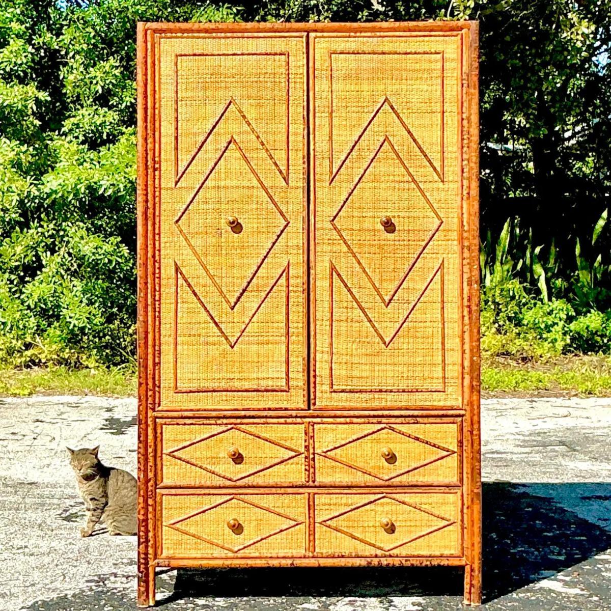 Vintage Coastal Woven Rattan Diamond Armoire 5