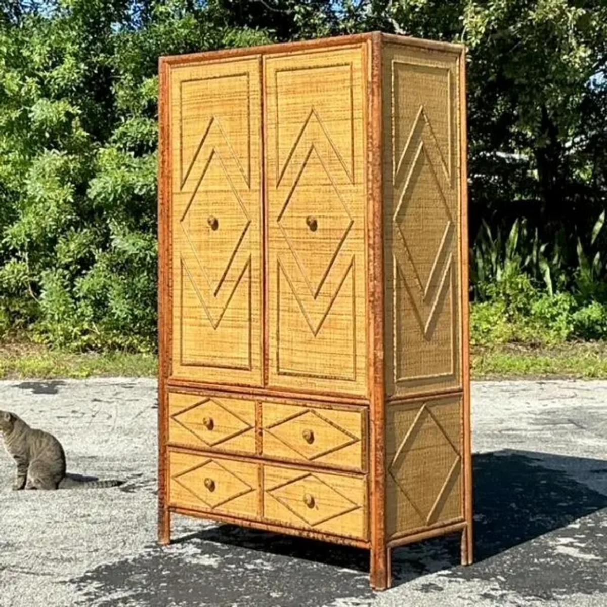Vintage Coastal Woven Rattan Diamond Armoire In Good Condition In west palm beach, FL