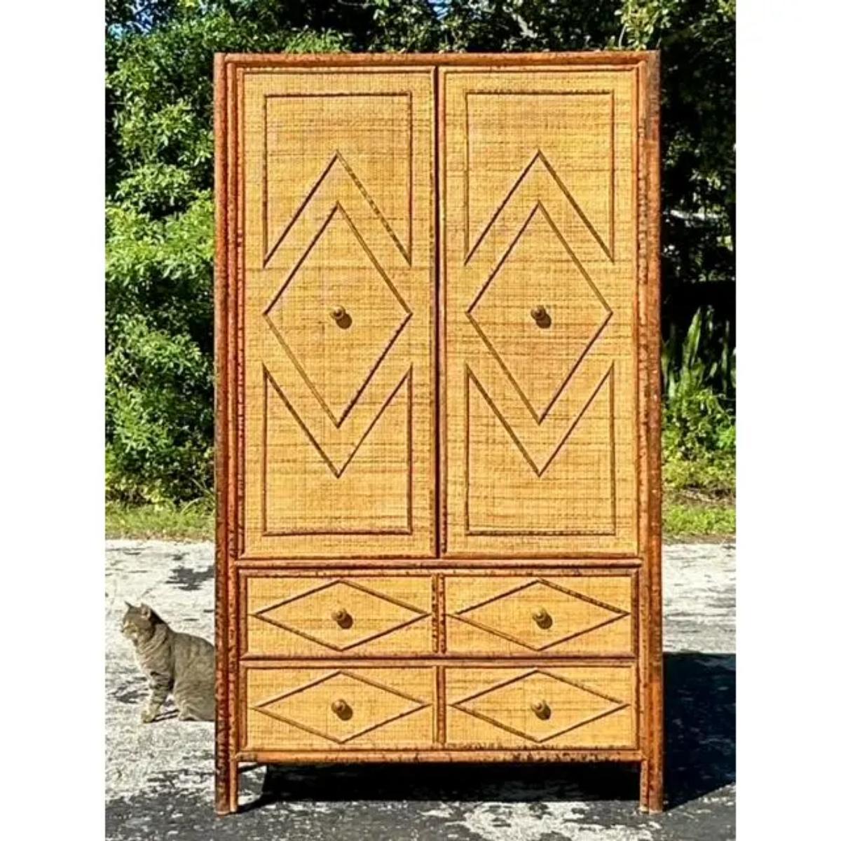 20th Century Vintage Coastal Woven Rattan Diamond Armoire