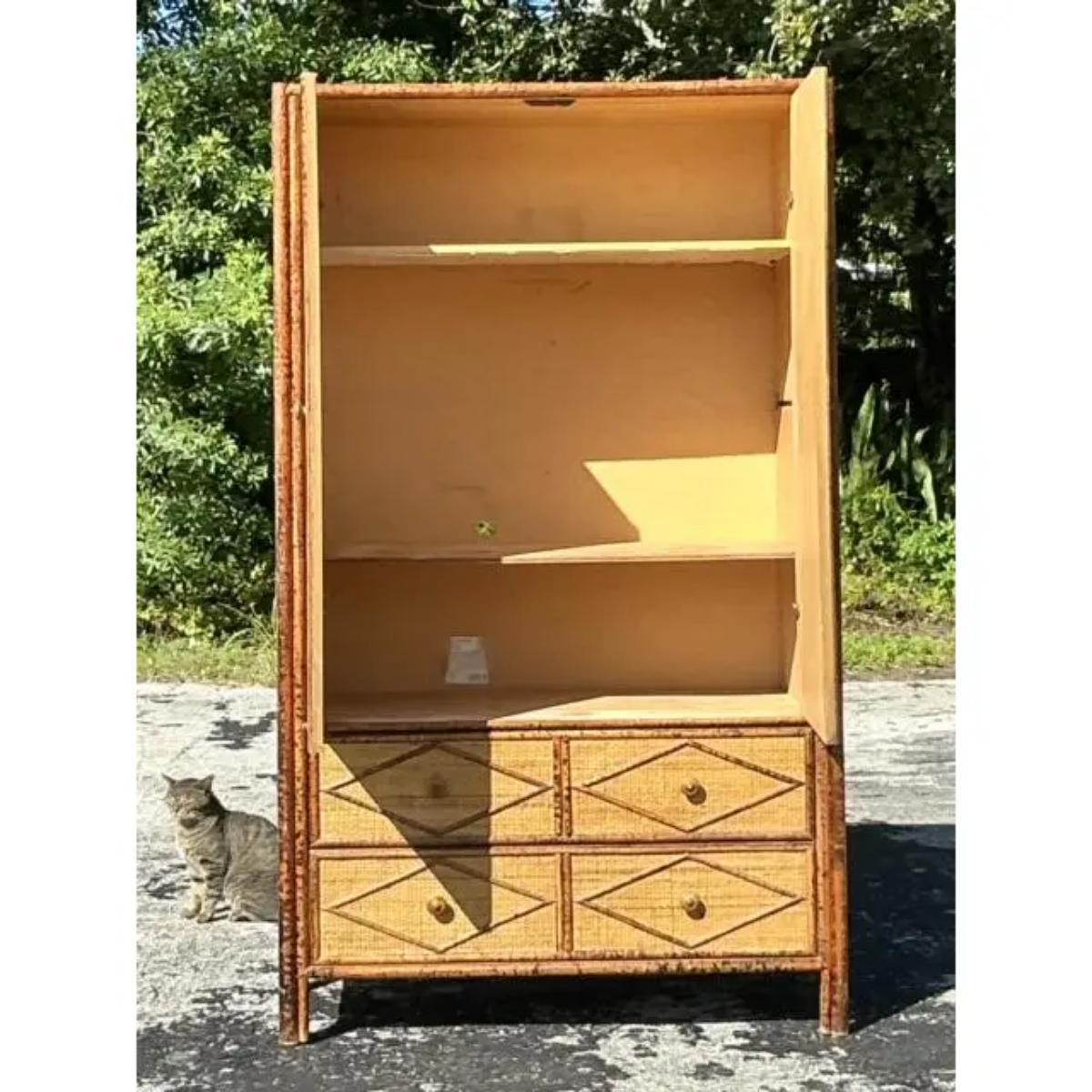 Vintage Coastal Woven Rattan Diamond Armoire 1