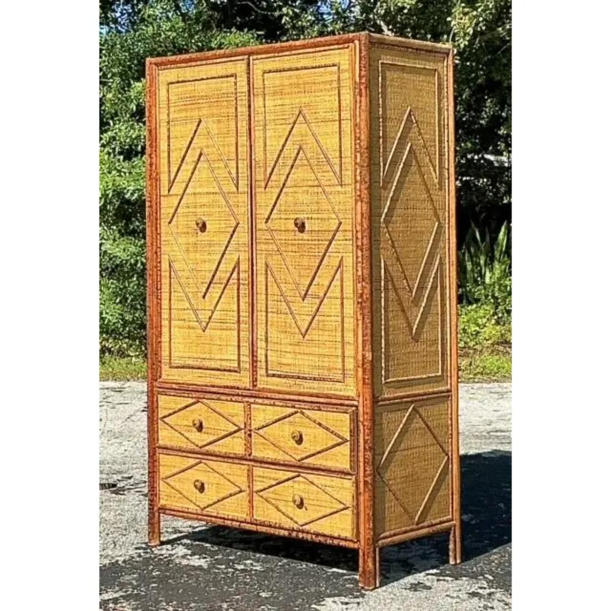 Vintage Coastal Woven Rattan Diamond Armoire 2