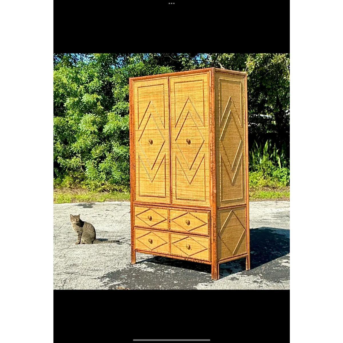 Vintage Coastal Woven Rattan Diamond Armoire 4