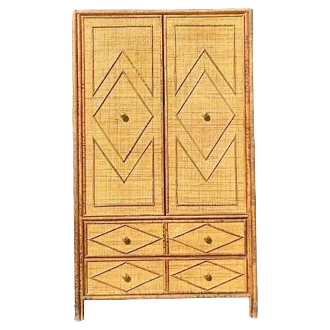 Vintage Coastal Woven Rattan Diamond Armoire