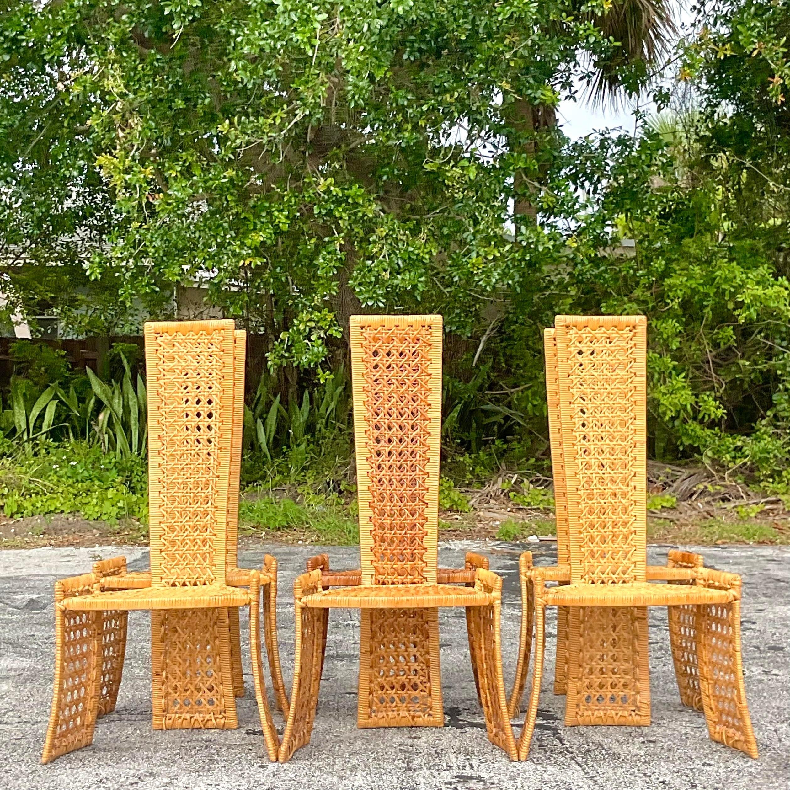 Vintage Coastal Woven Rattan Dining Chairs After Danny Ho Fong- Set of 6 In Good Condition For Sale In west palm beach, FL