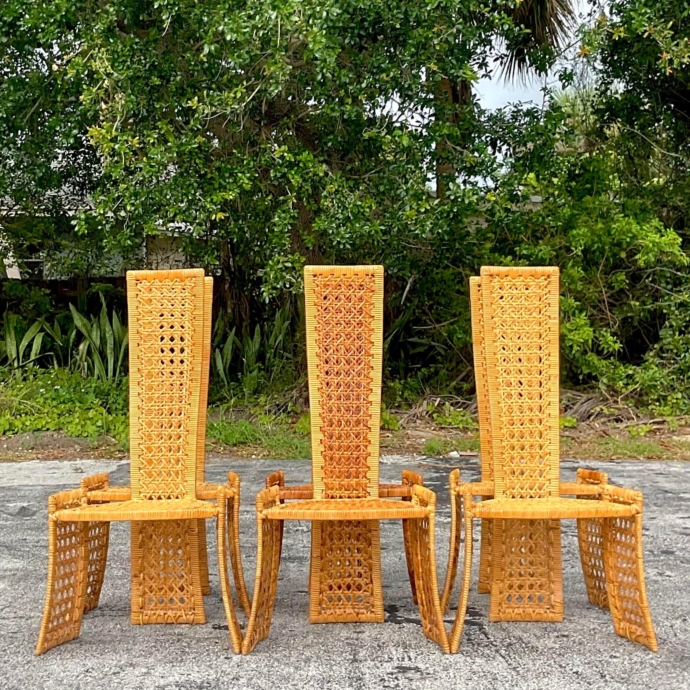 Vintage Coastal Woven Rattan Dining Chairs After Danny Ho Fong- Set of 6 For Sale 1