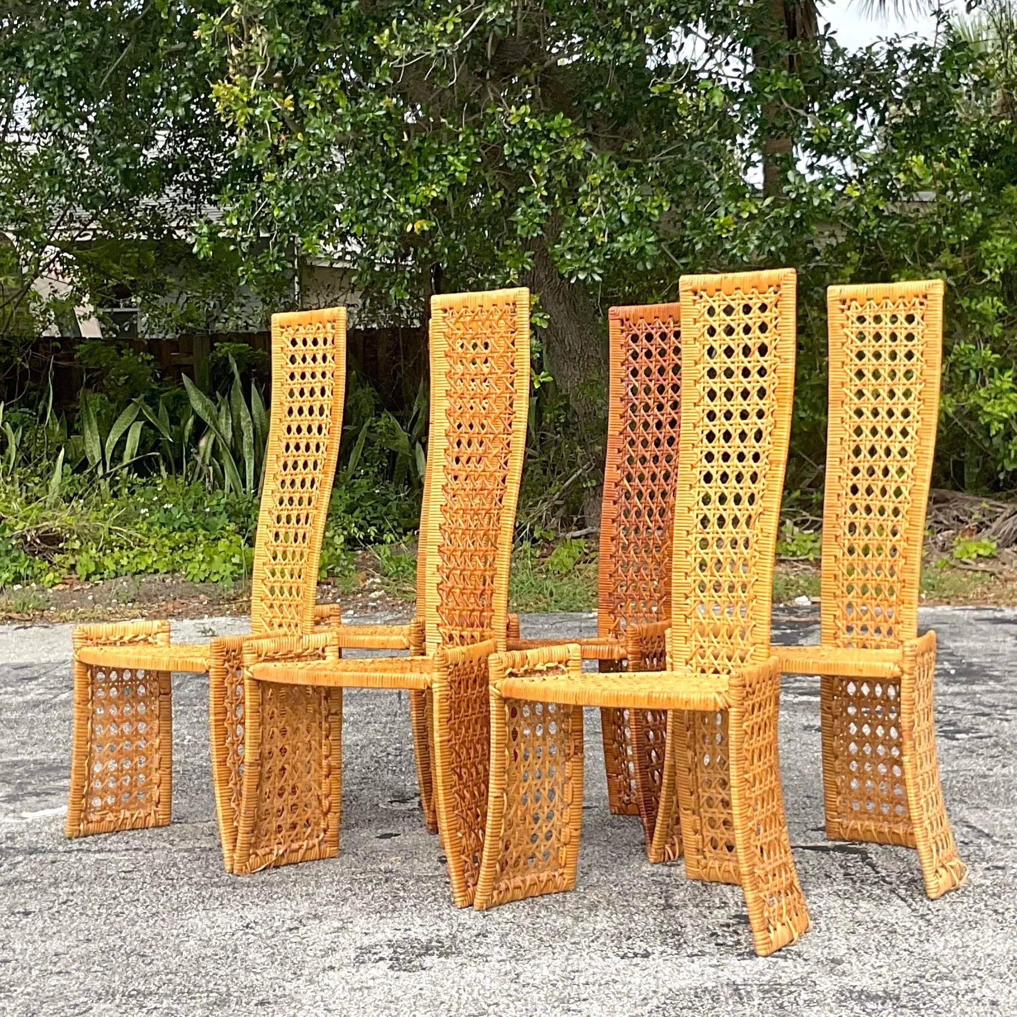 Vintage Coastal Woven Rattan Dining Chairs After Danny Ho Fong- Set of 6 For Sale 2