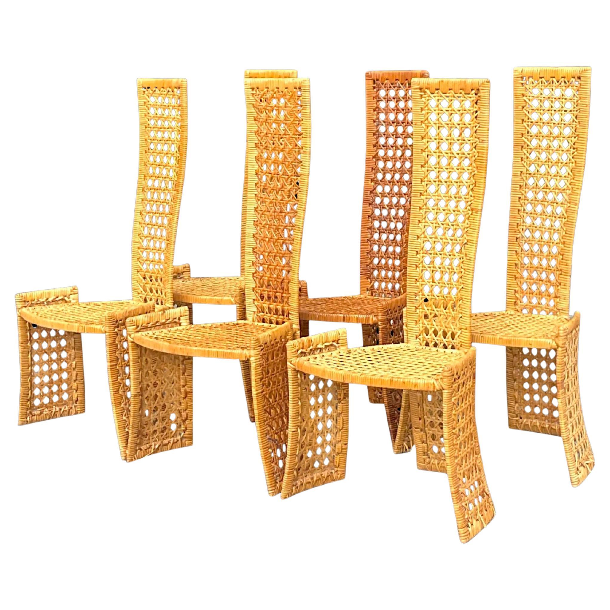 Vintage Coastal Woven Rattan Dining Chairs After Danny Ho Fong- Set of 6 For Sale
