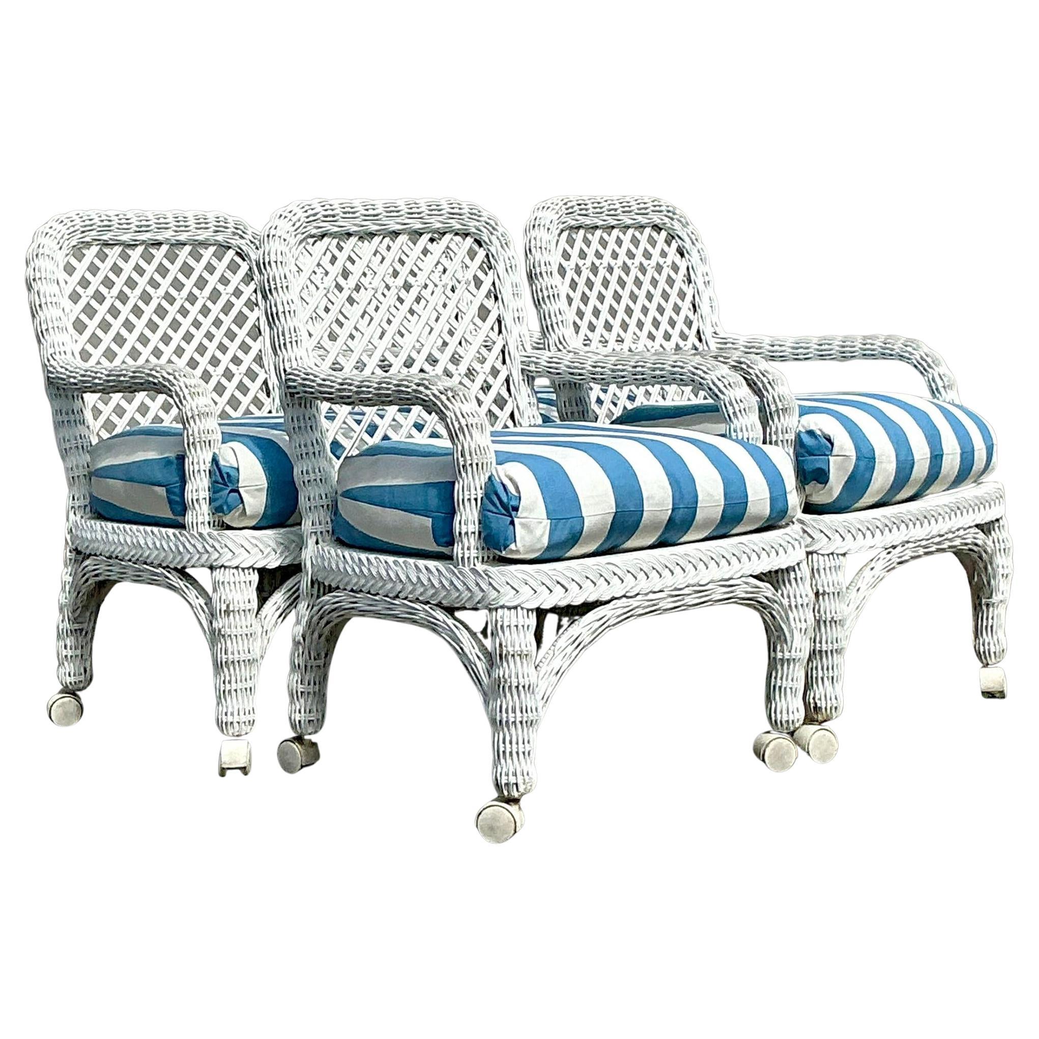 Chaises de salle à manger vintage en rotin tissé de côte sur roulettes - lot de 4