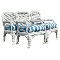 Vintage Coastal Woven Rattan Dining Chairs on Casters - Set of 4