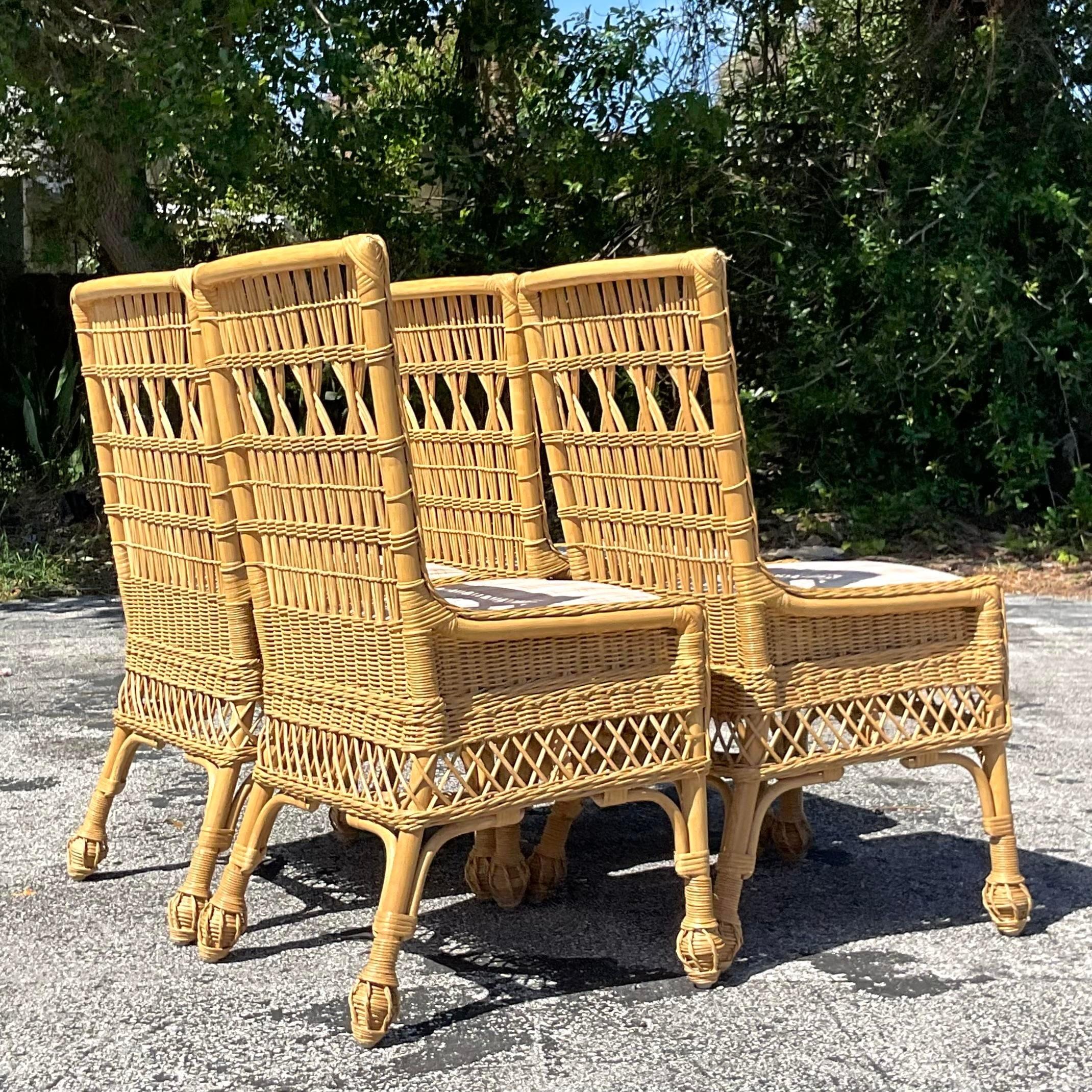 Vintage Coastal Woven Rattan Dining Chairs - Set of 4 In Good Condition For Sale In west palm beach, FL