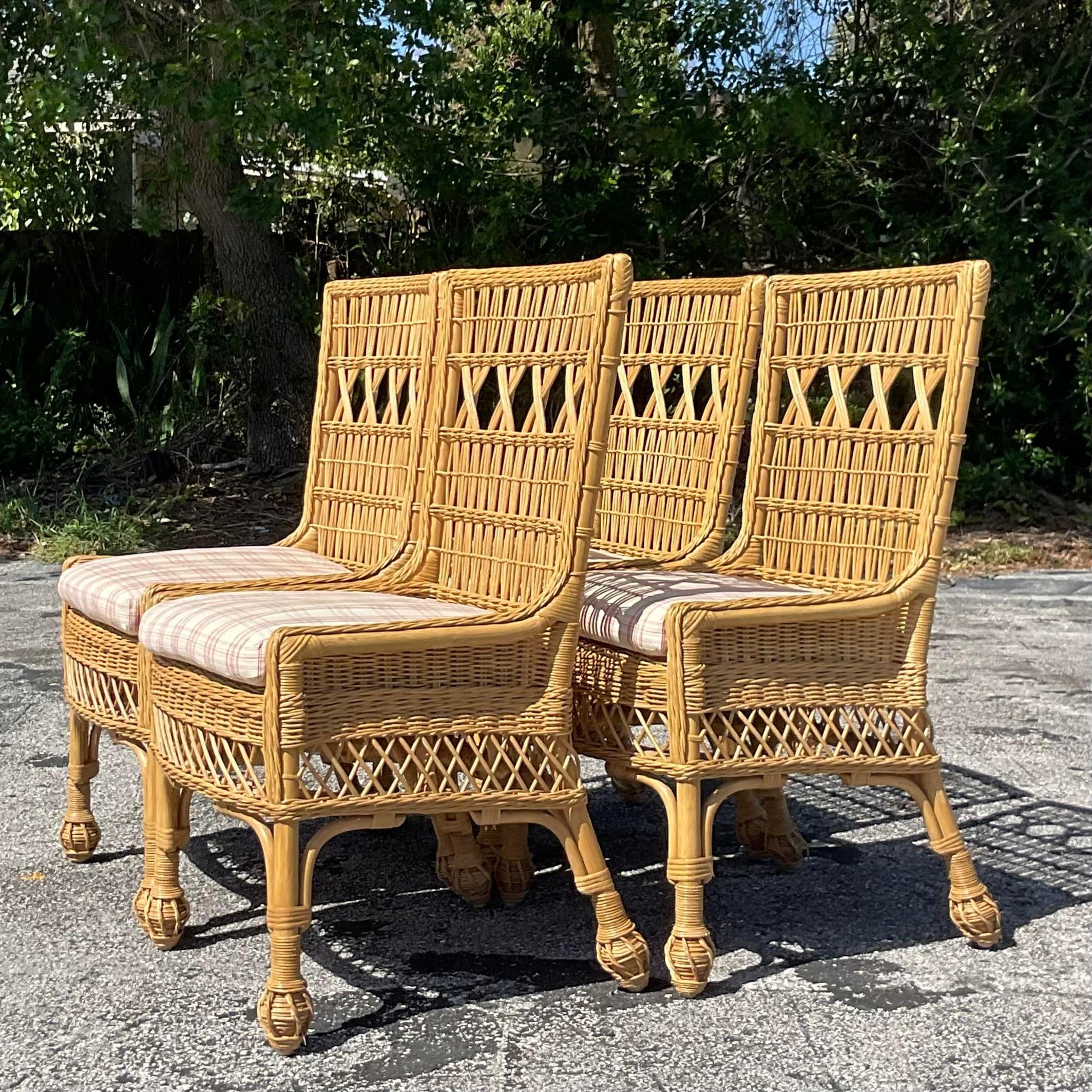 20th Century Vintage Coastal Woven Rattan Dining Chairs - Set of 4 For Sale